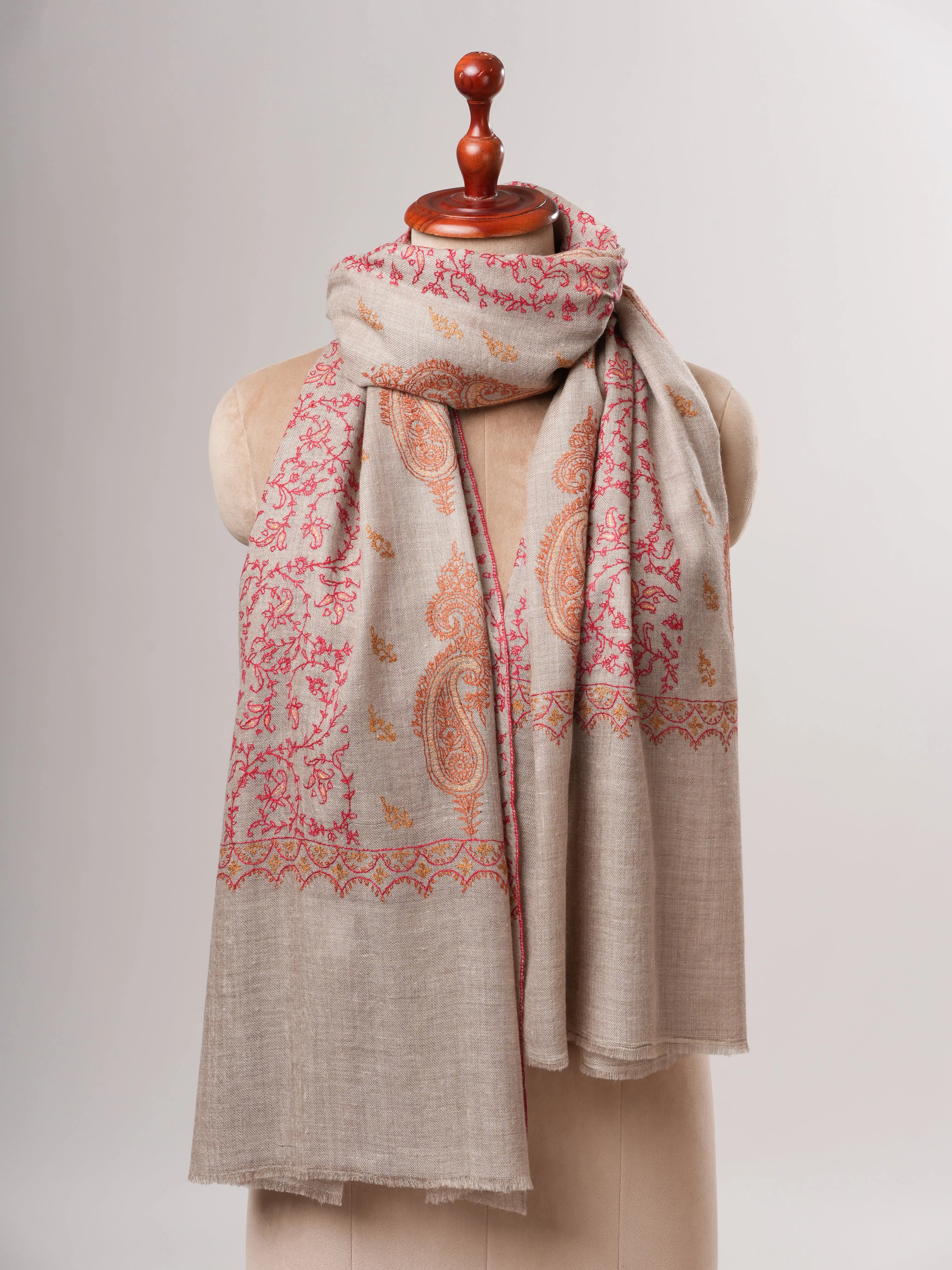 Grey Kashmiri Cashmere Scarf with Fine All Over Hand Embroidery Shahkaar