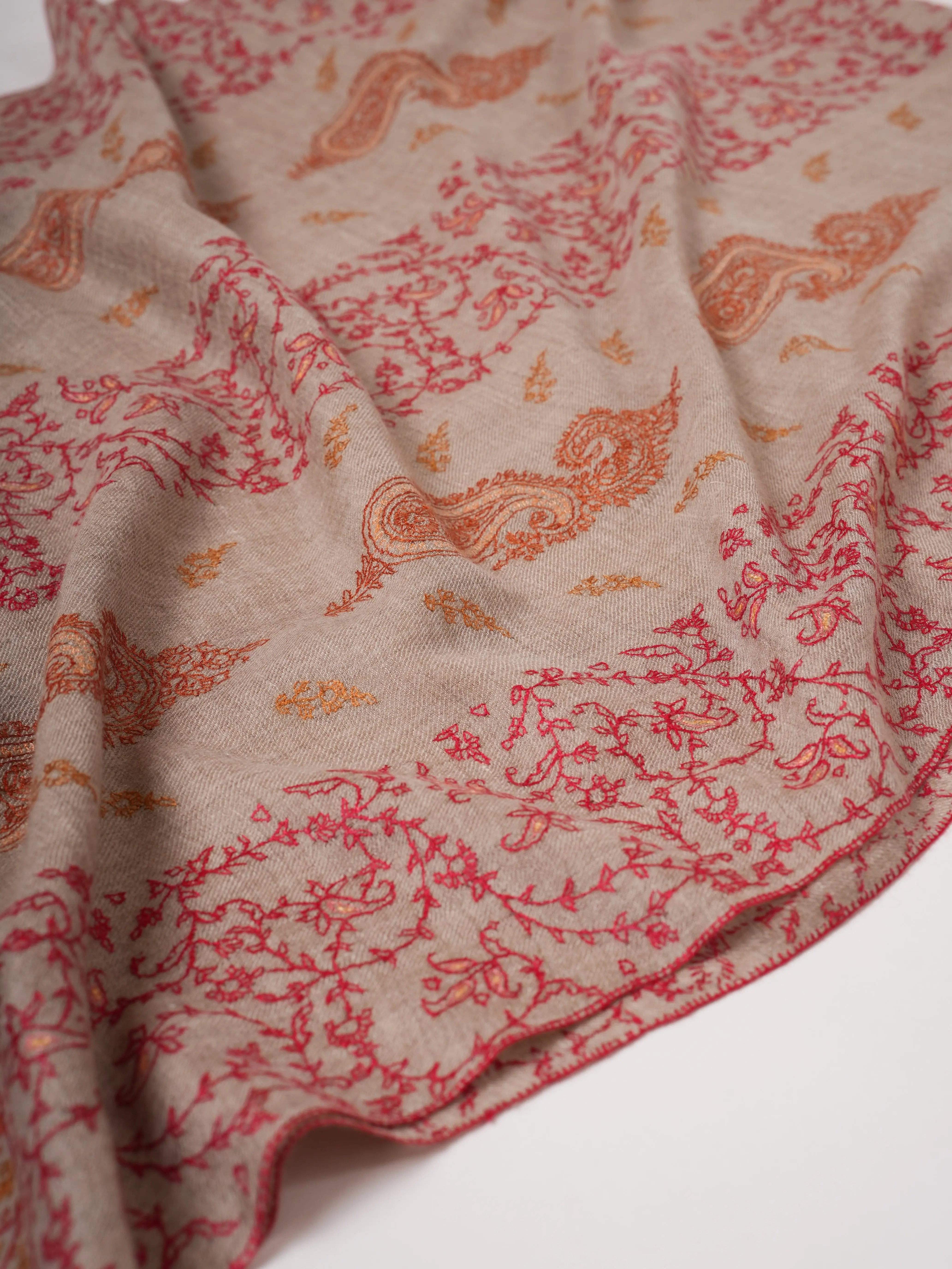 Grey Kashmiri Cashmere Scarf with Fine All Over Hand Embroidery Shahkaar