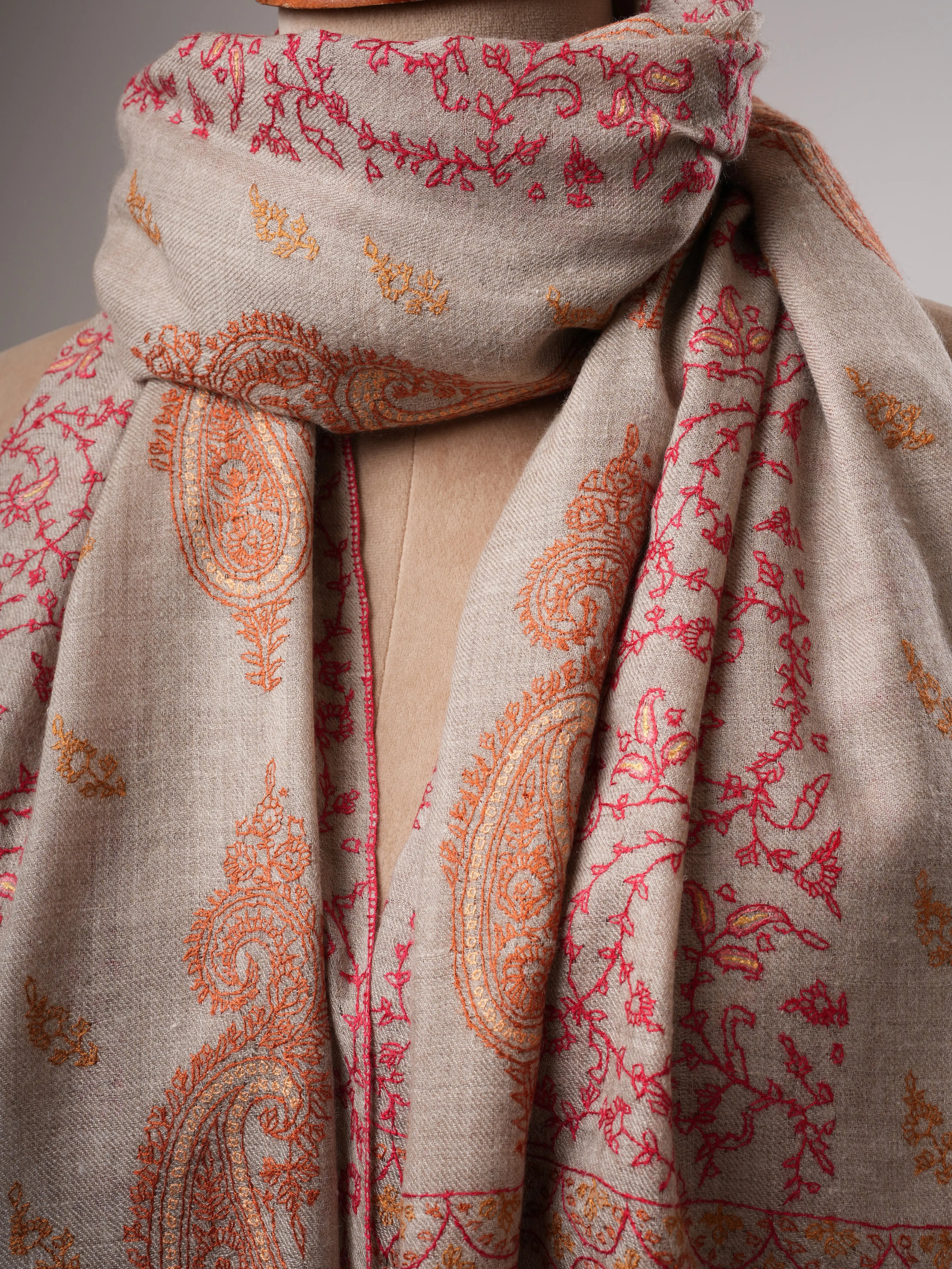 Grey Kashmiri Cashmere Scarf with Fine All Over Hand Embroidery Shahkaar