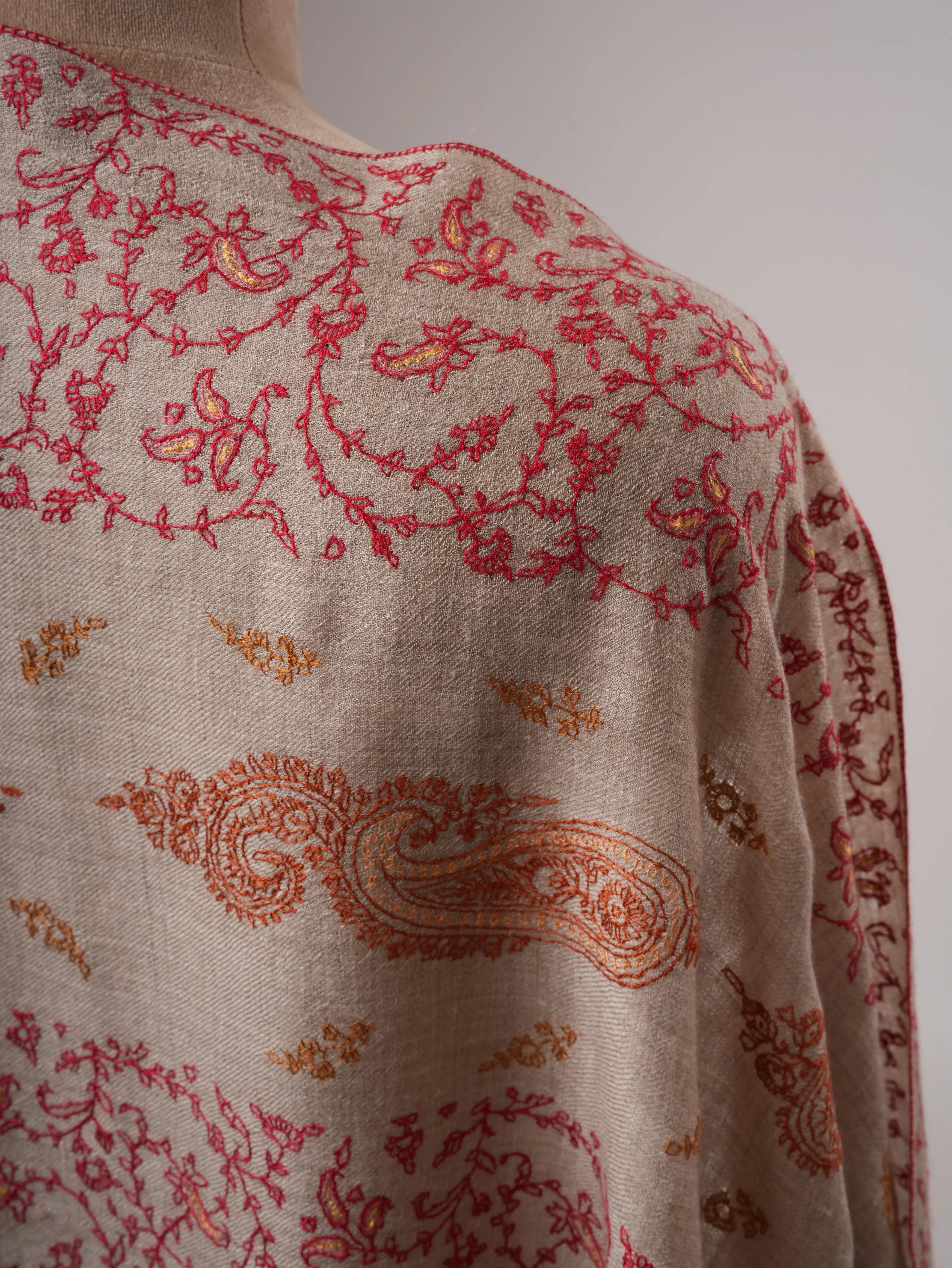 Grey Kashmiri Cashmere Scarf with Fine All Over Hand Embroidery Shahkaar