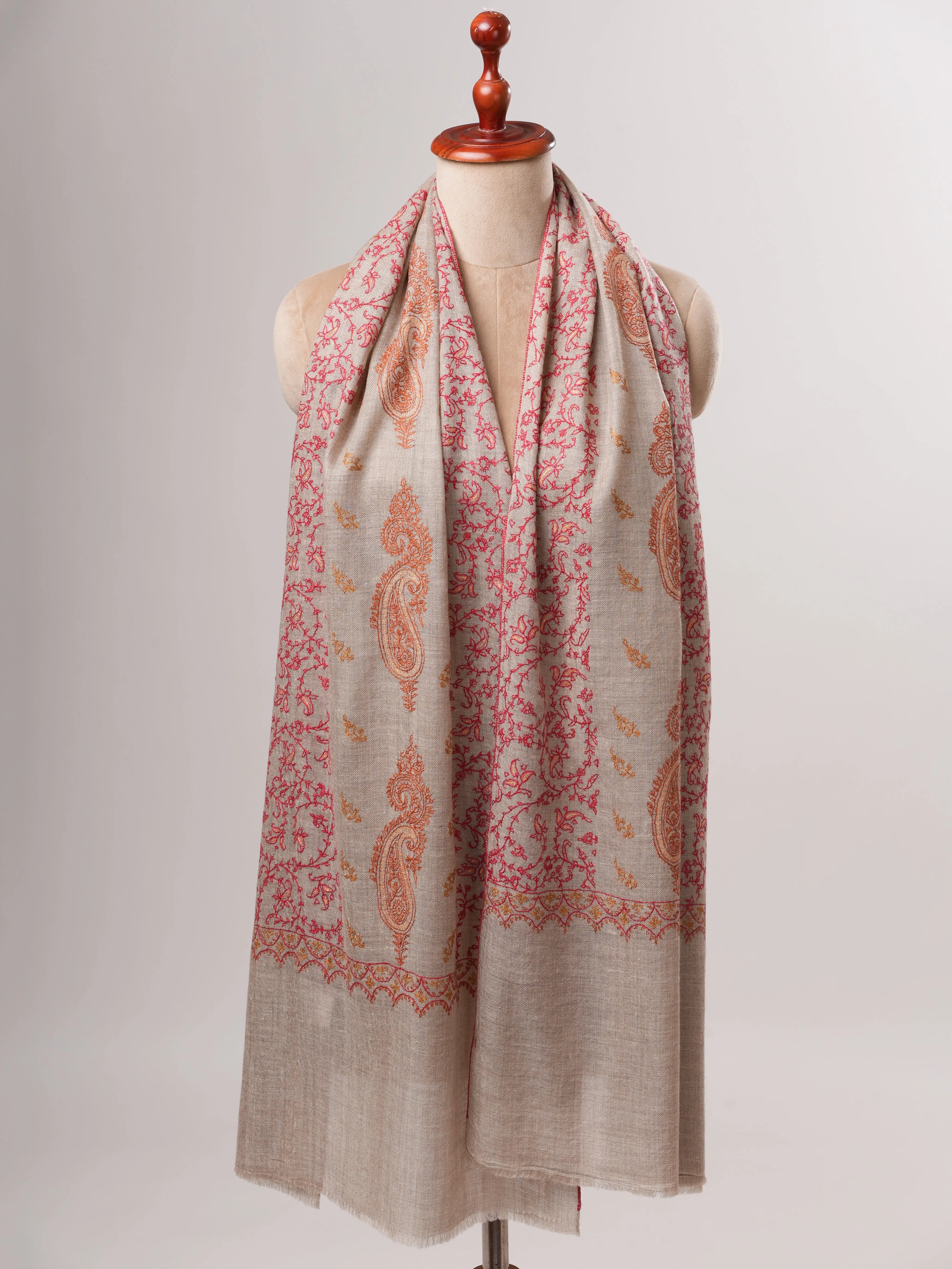 Grey Kashmiri Cashmere Scarf with Fine All Over Hand Embroidery Shahkaar