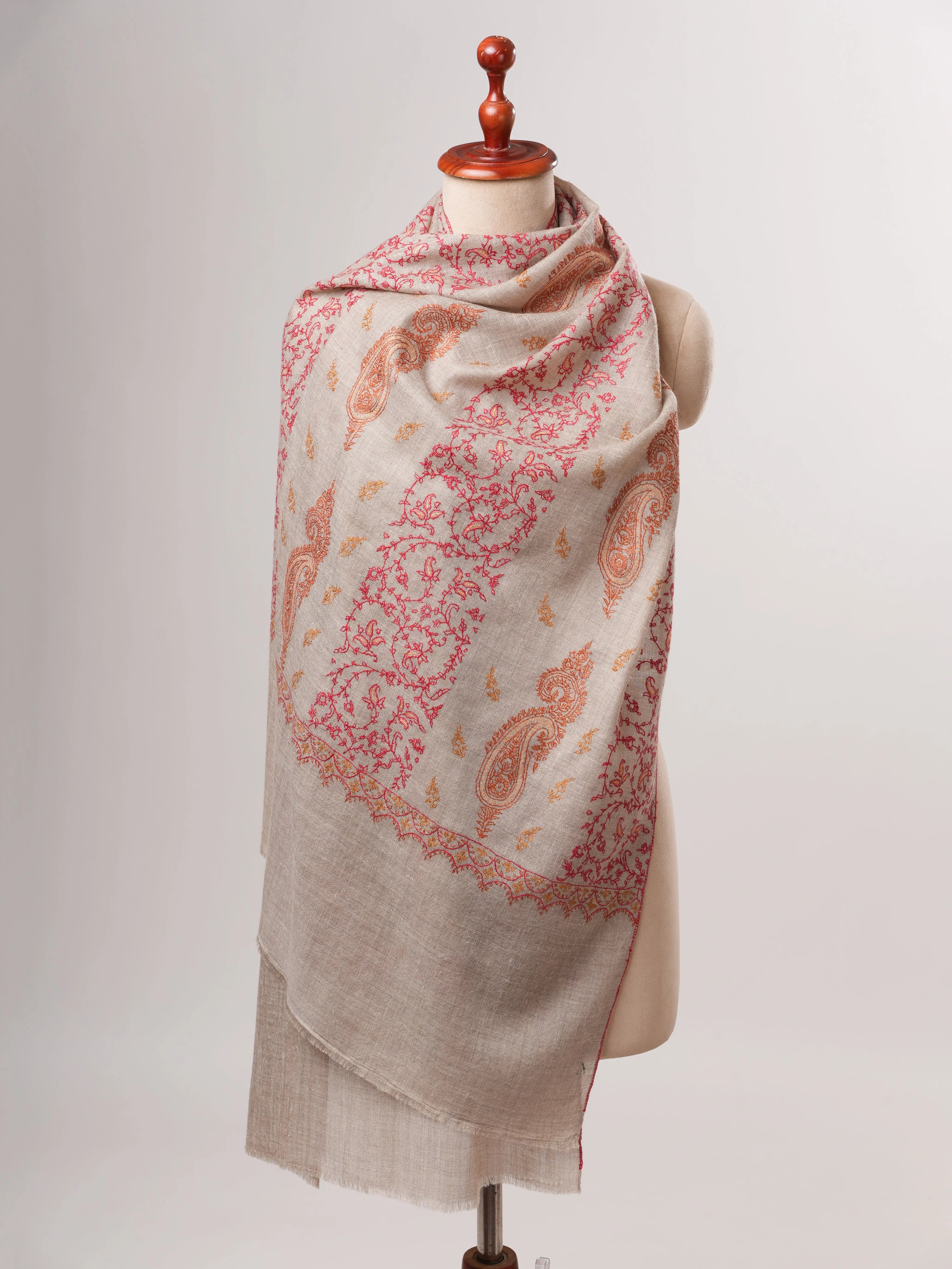 Grey Kashmiri Cashmere Scarf with Fine All Over Hand Embroidery Shahkaar