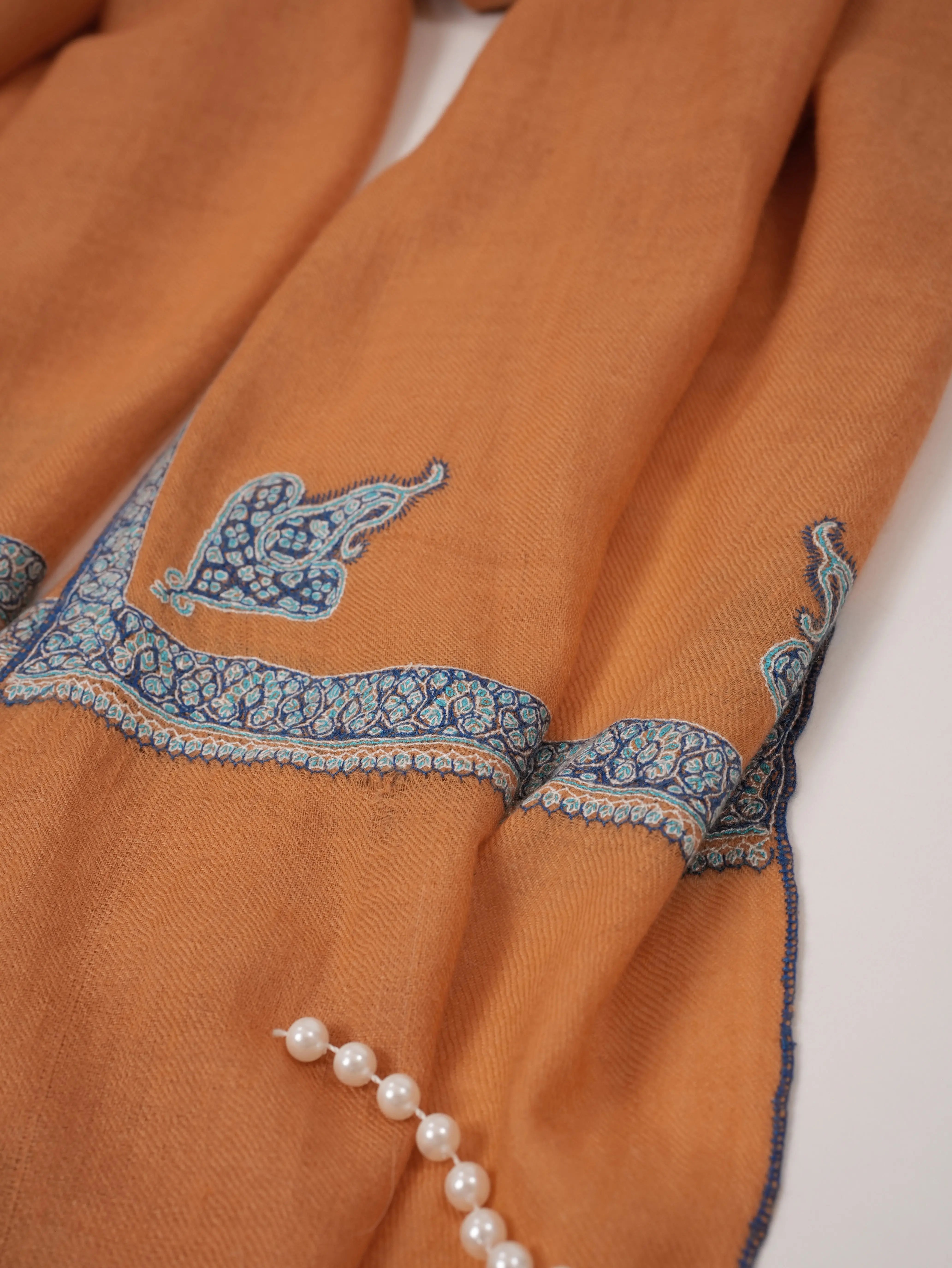 Orange Hashia Hand Embroidered Featherlight Cashmere Scarf Shahkaar.com