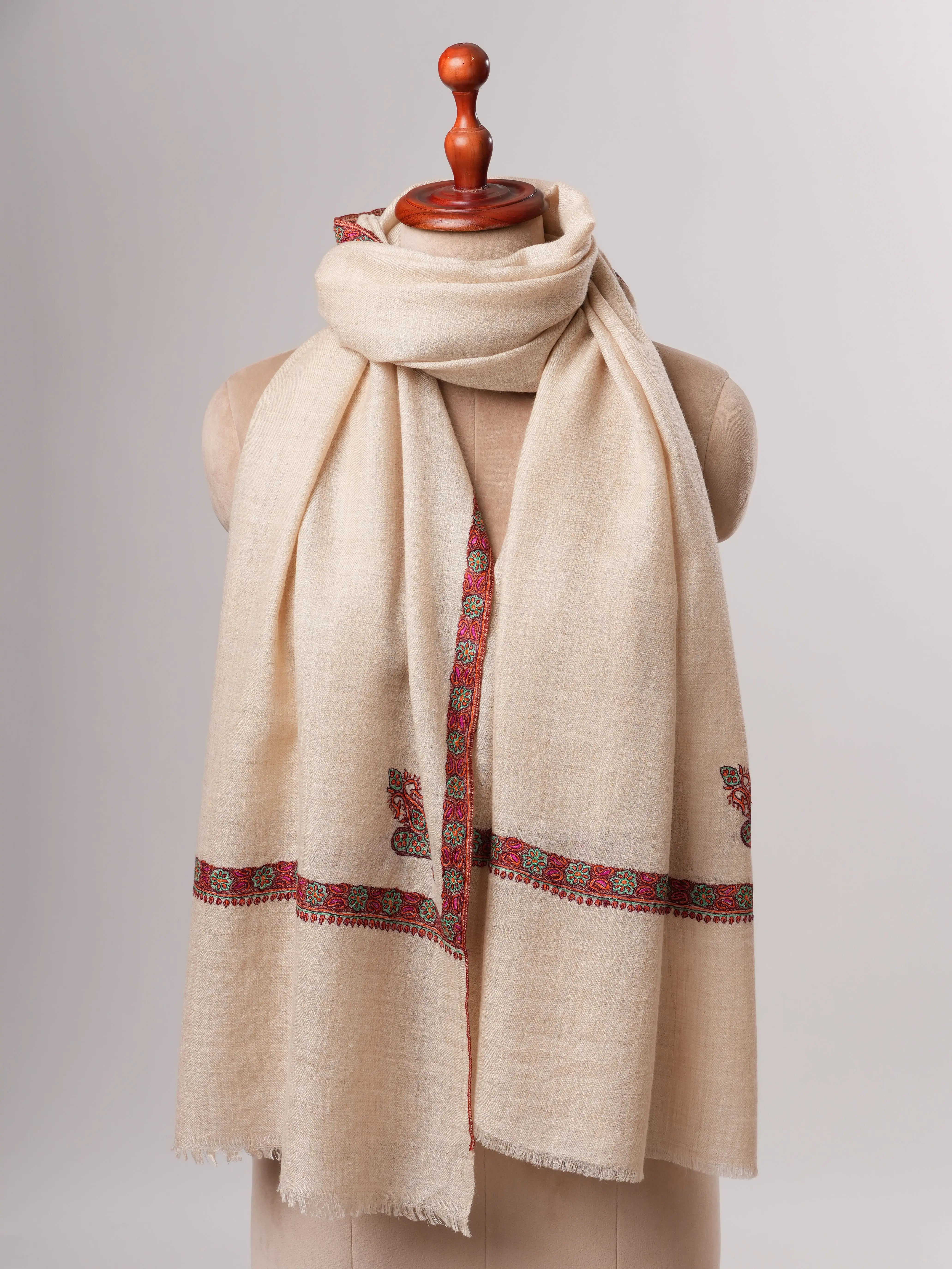 Off-White Pure Cashmere Scarf with Hashia Sozni Embroidery Shahkaar