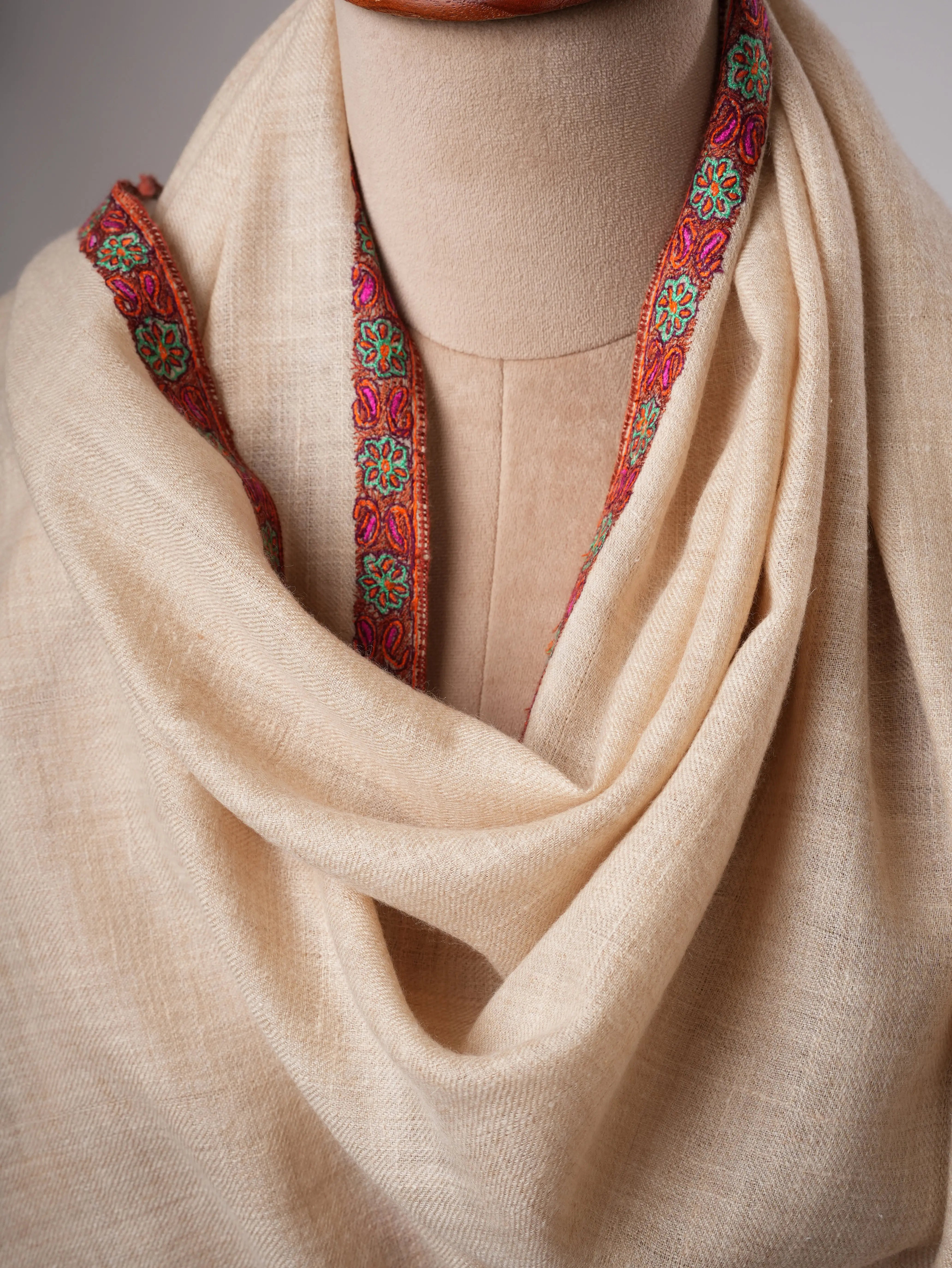 Off-White Pure Cashmere Scarf with Hashia Sozni Embroidery Shahkaar