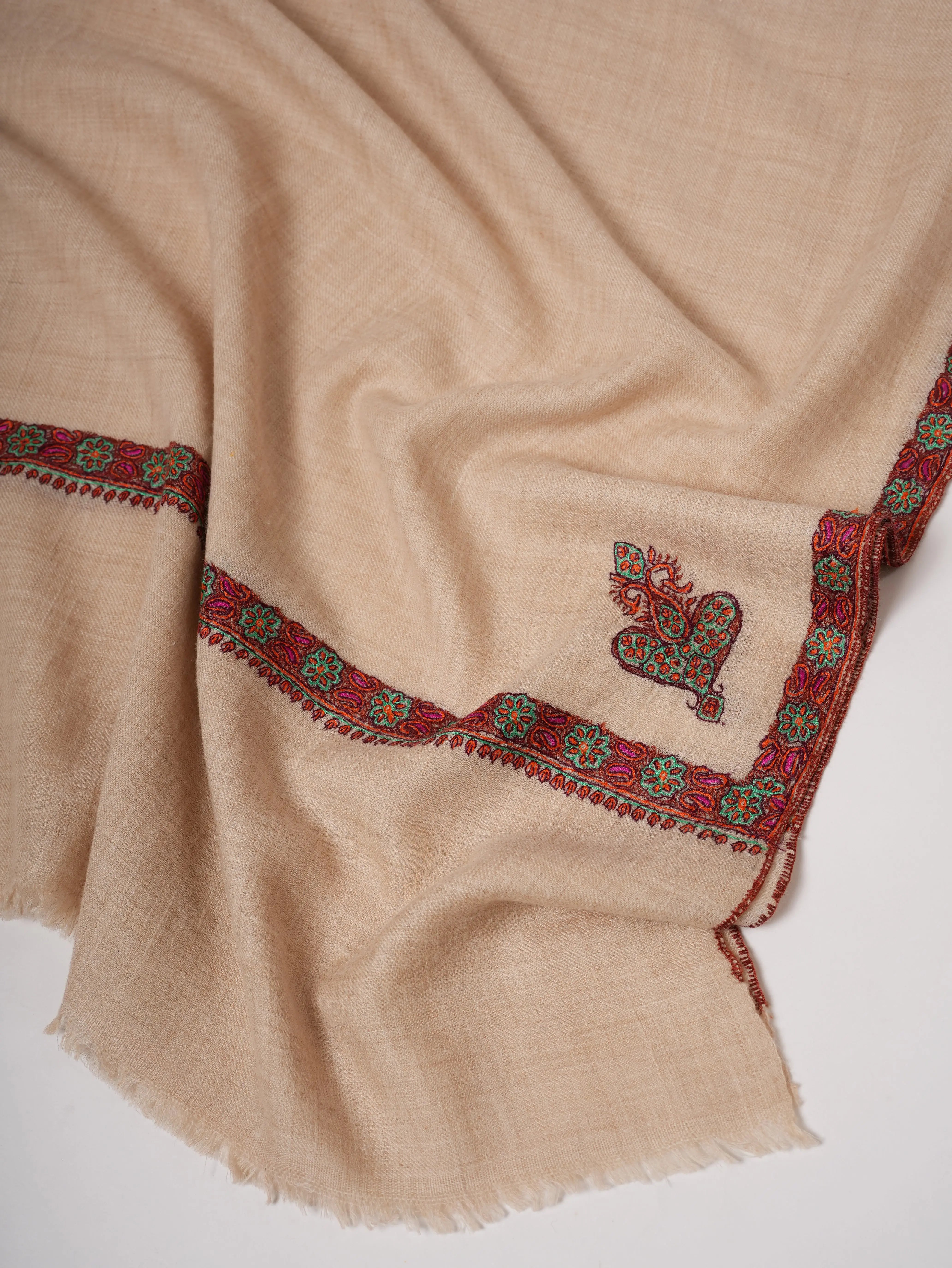 Off-White Pure Cashmere Scarf with Hashia Sozni Embroidery Shahkaar