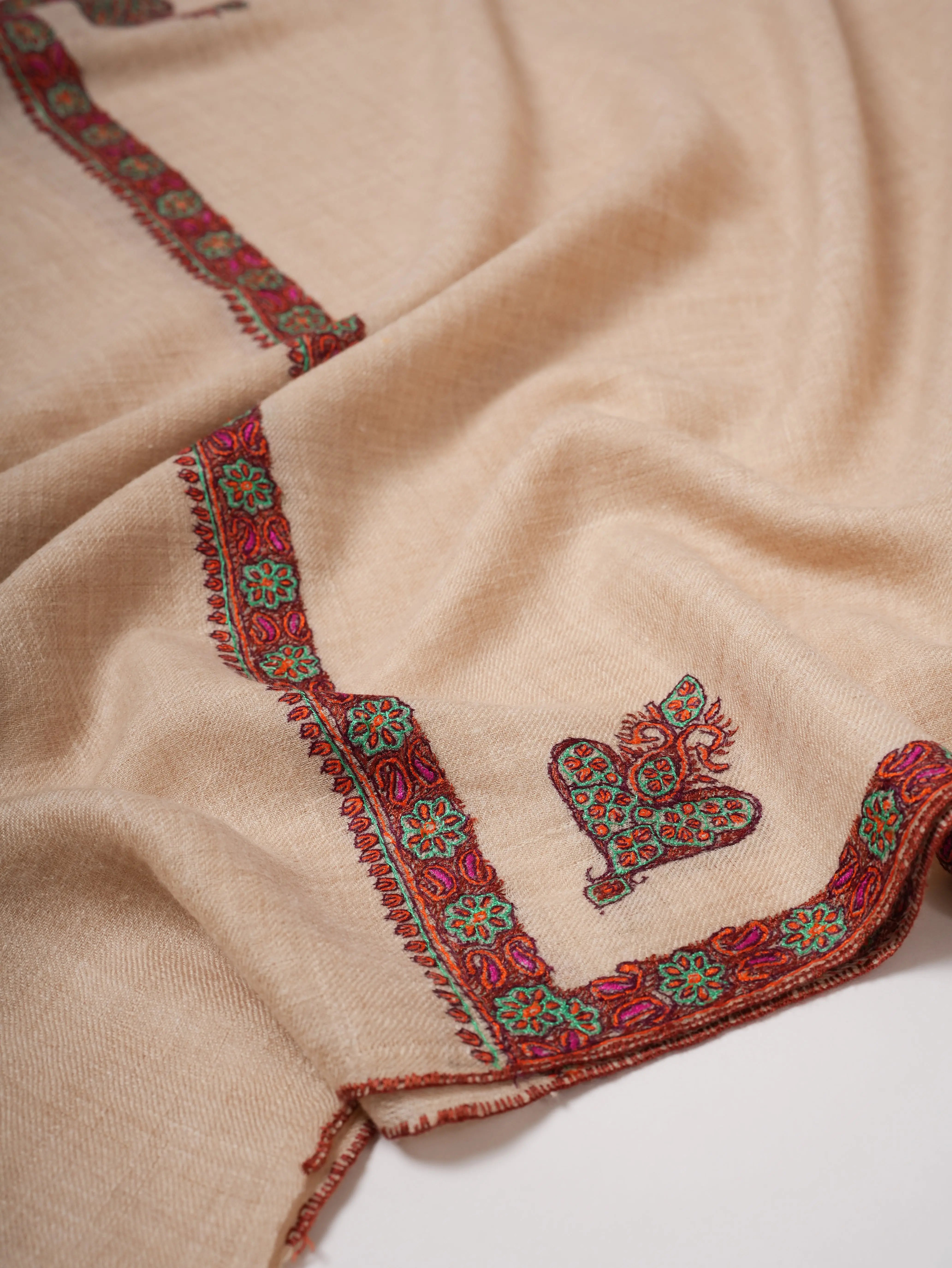 Off-White Pure Cashmere Scarf with Hashia Sozni Embroidery Shahkaar