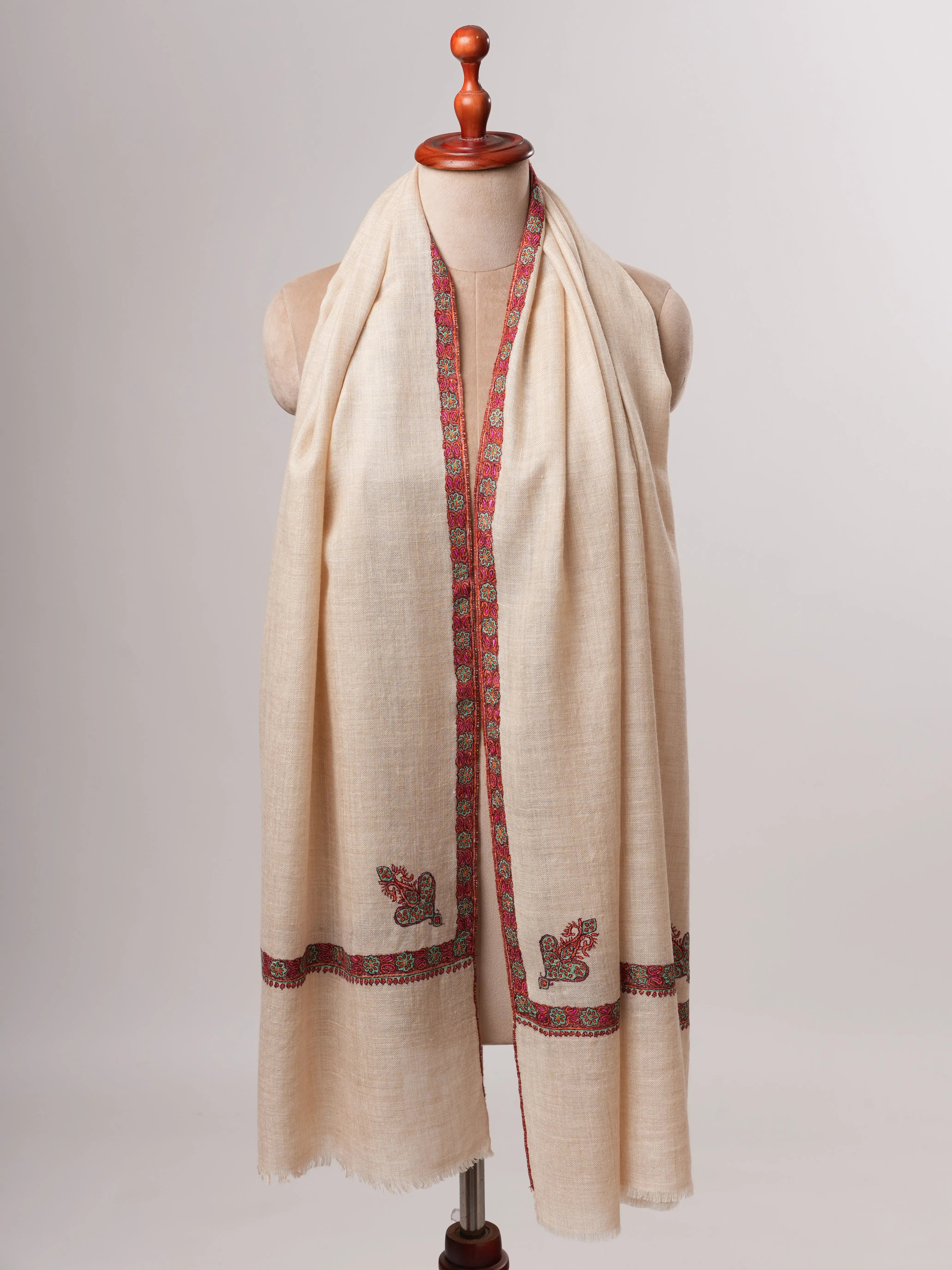 Off-White Pure Cashmere Scarf with Hashia Sozni Embroidery Shahkaar