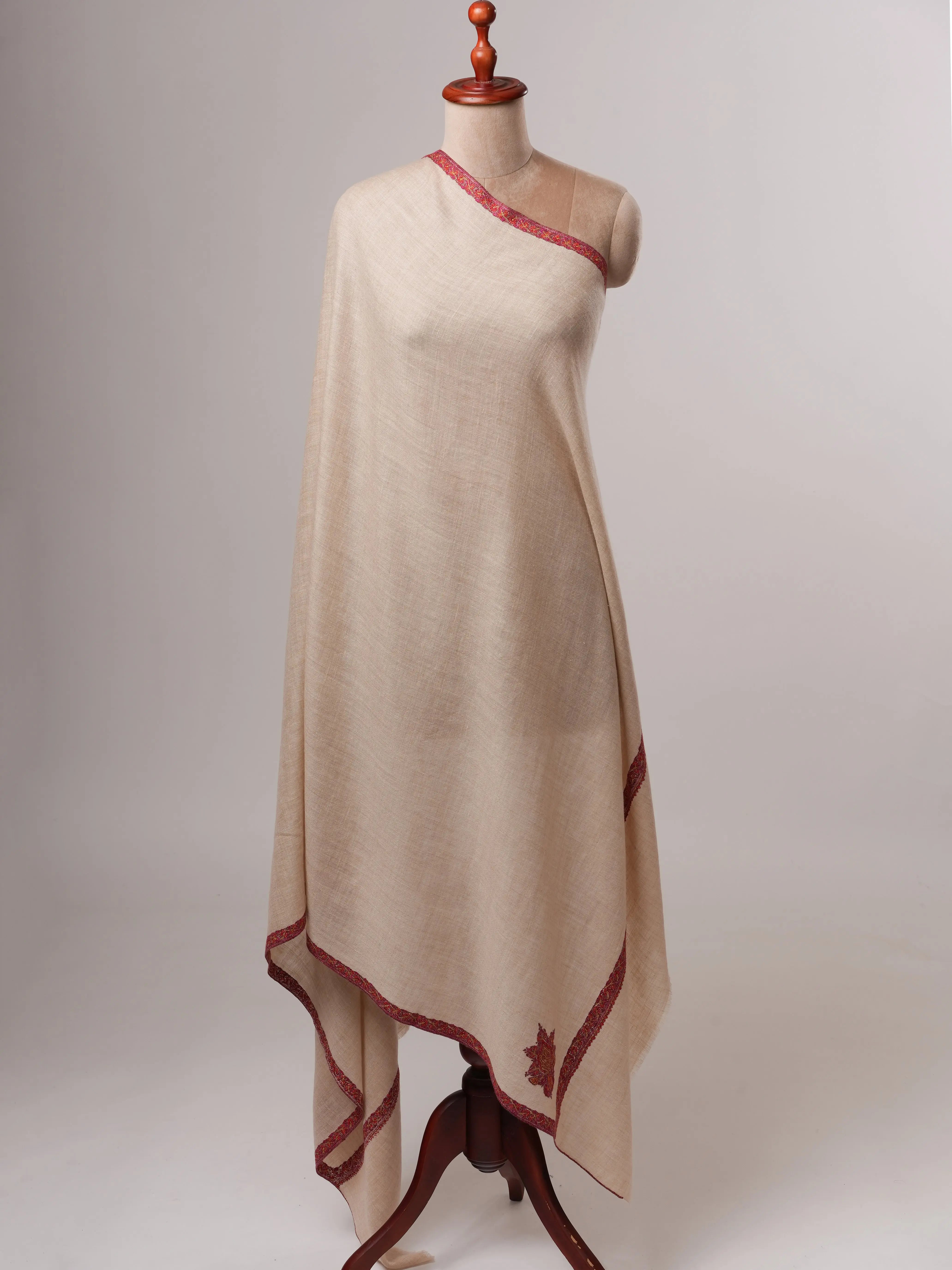 Off White Soft Pashmina Shawl with Hashia Hand Embroidery Shahkaar