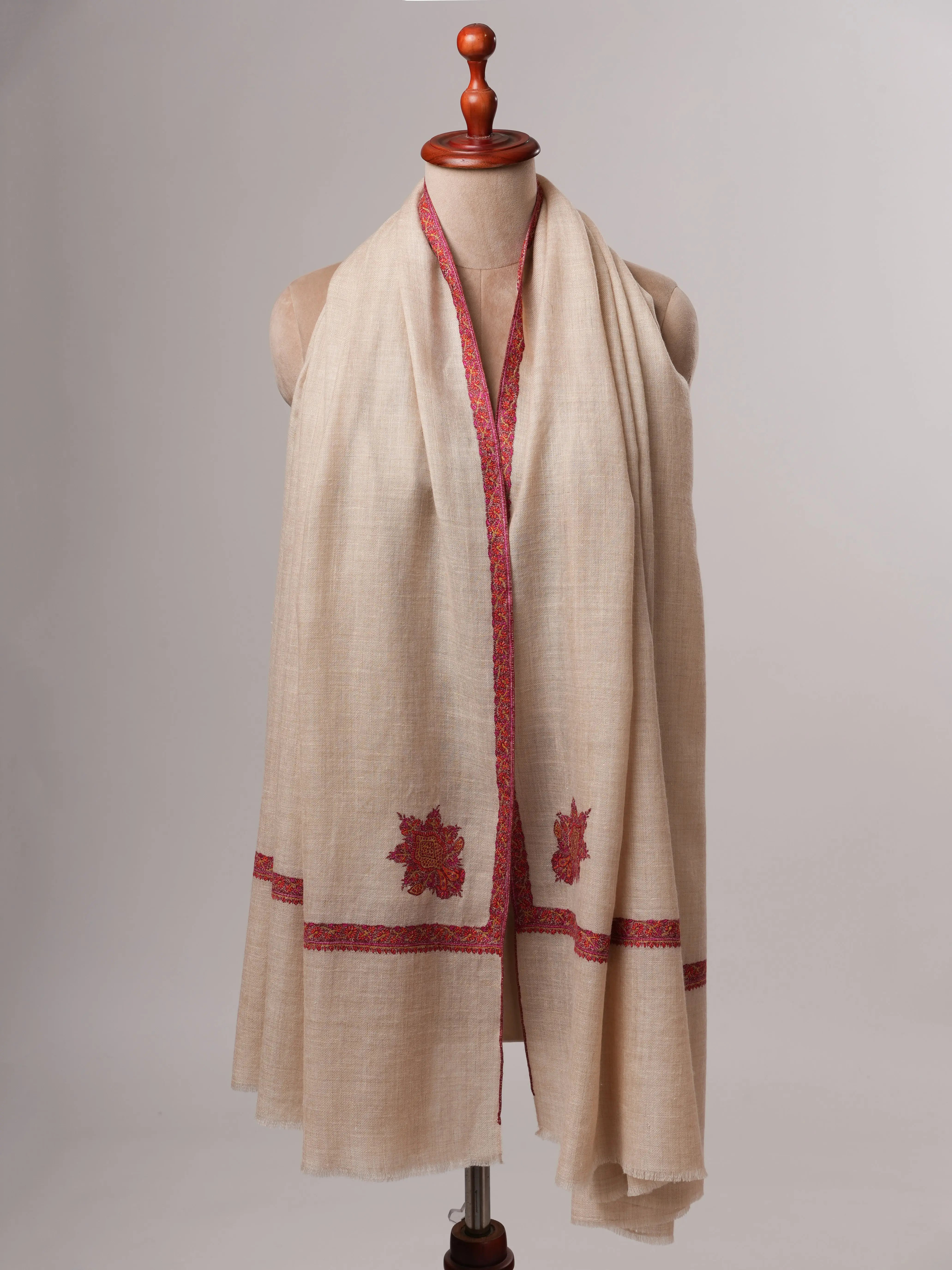 Off White Soft Pashmina Shawl with Hashia Hand Embroidery Shahkaar