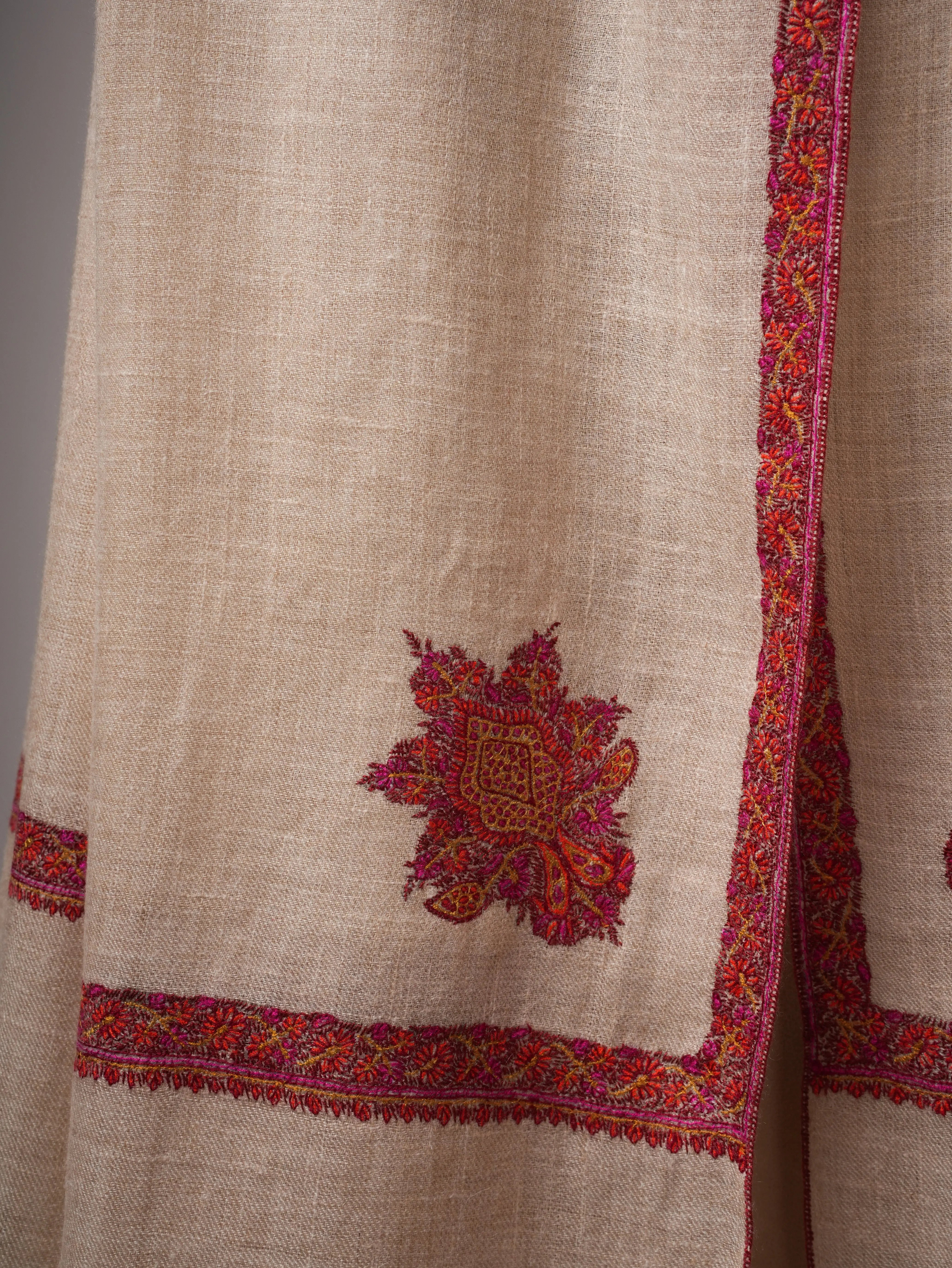 Off White Soft Pashmina Shawl with Hashia Hand Embroidery Shahkaar