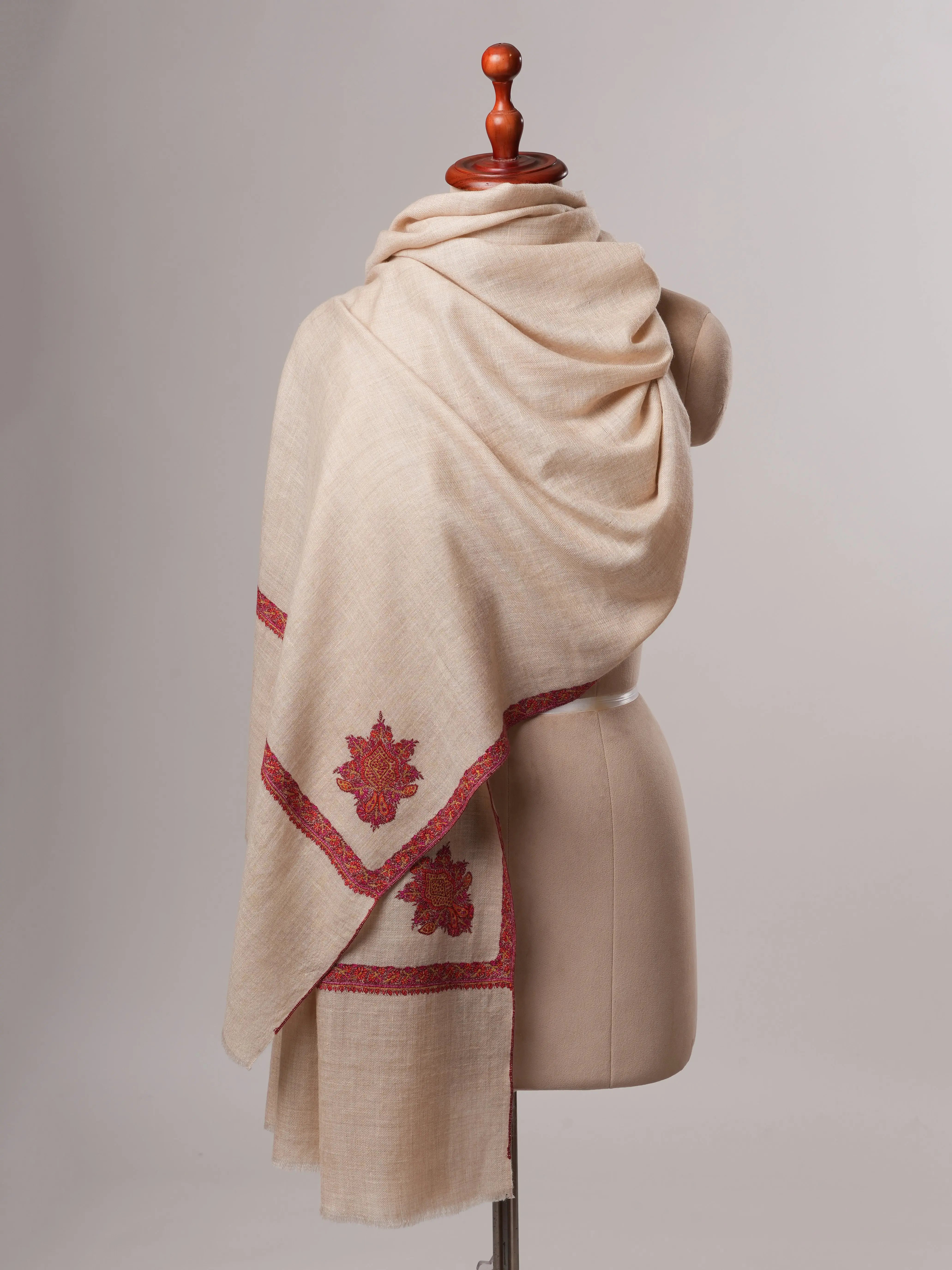 Off White Soft Pashmina Shawl with Hashia Hand Embroidery Shahkaar