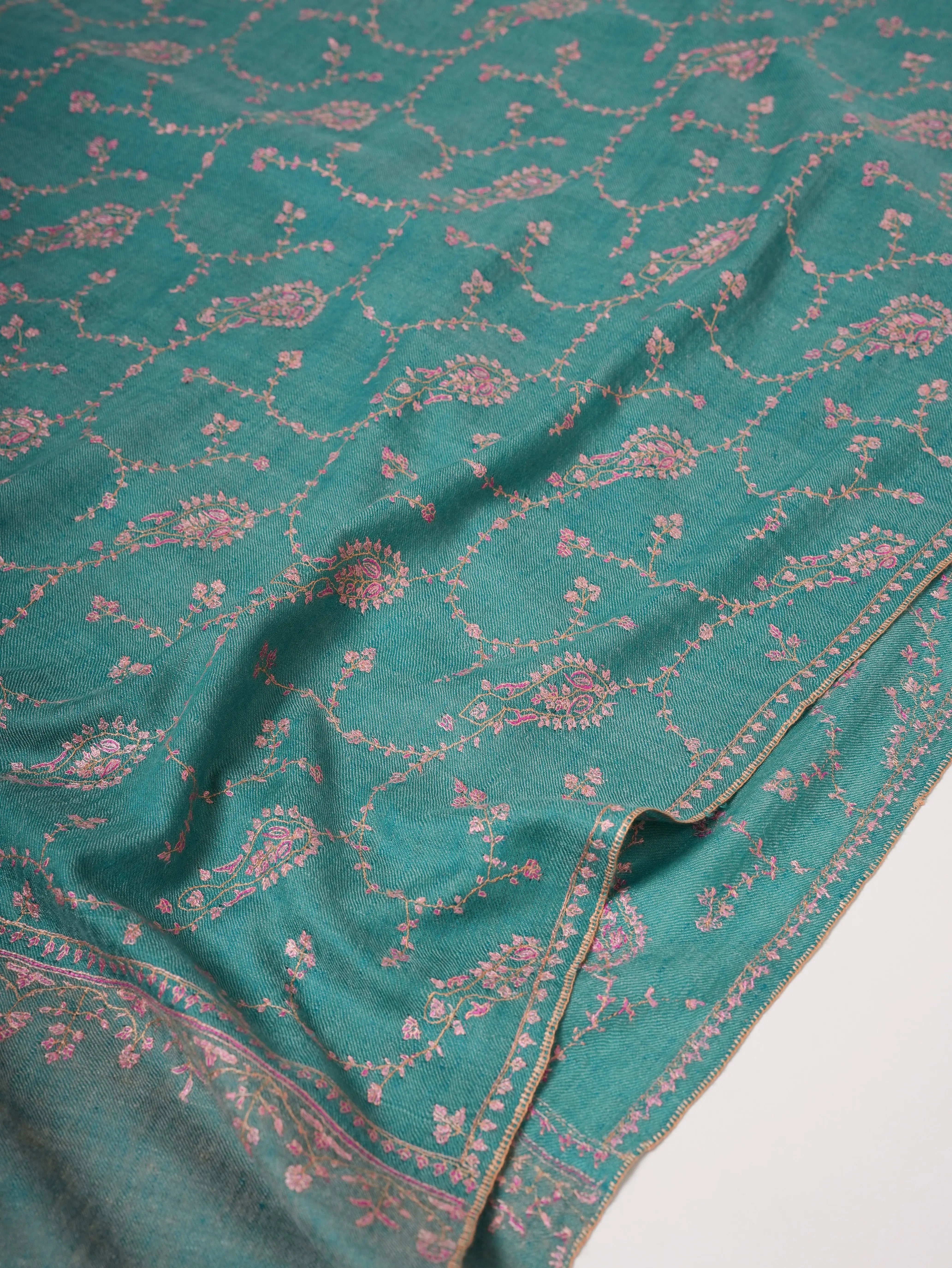 Pure Cashmere Scarf in Turquoise with Fine Hand Embroidery Shahkaar