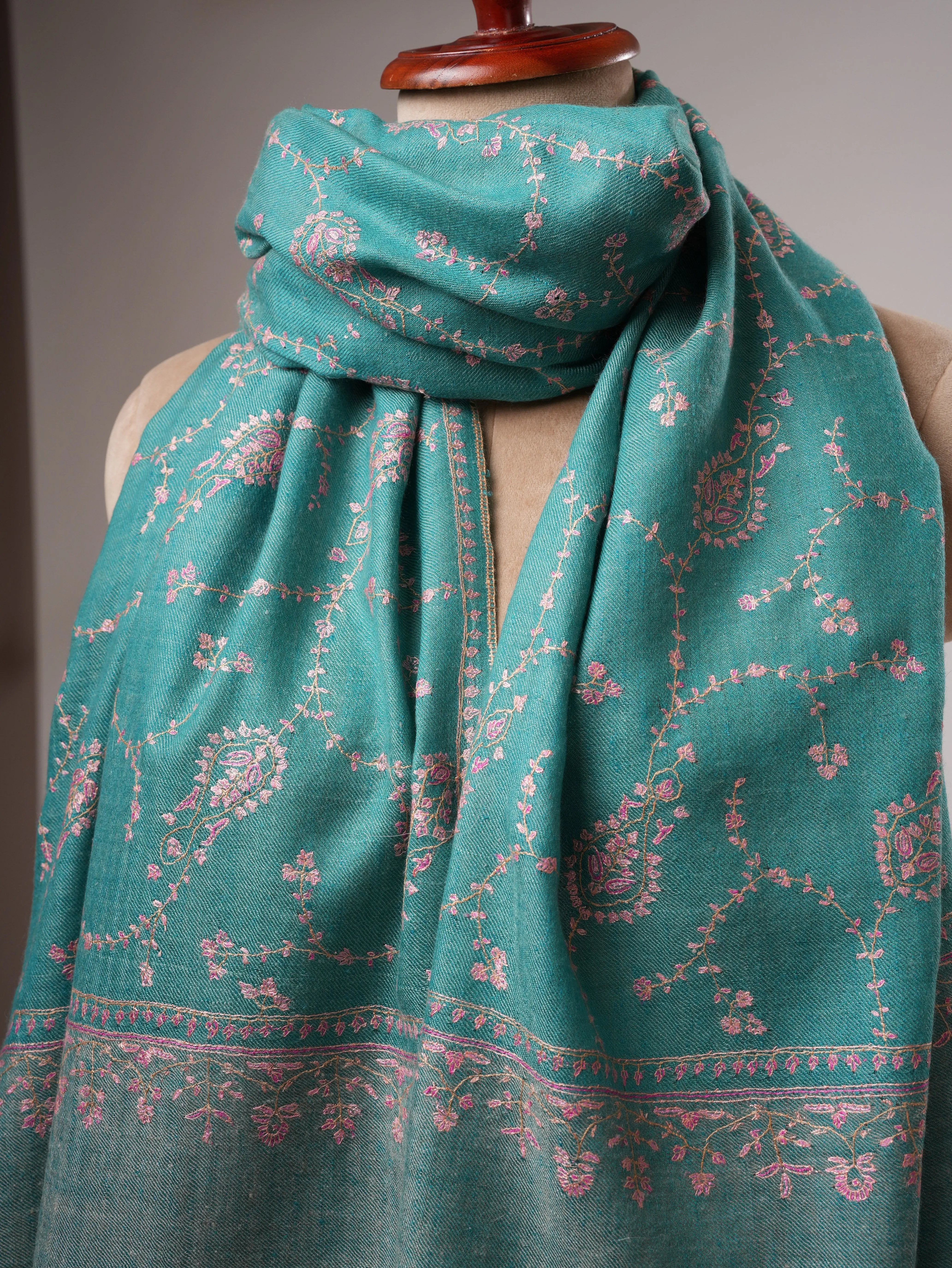 Pure Cashmere Scarf in Turquoise with Fine Hand Embroidery Shahkaar