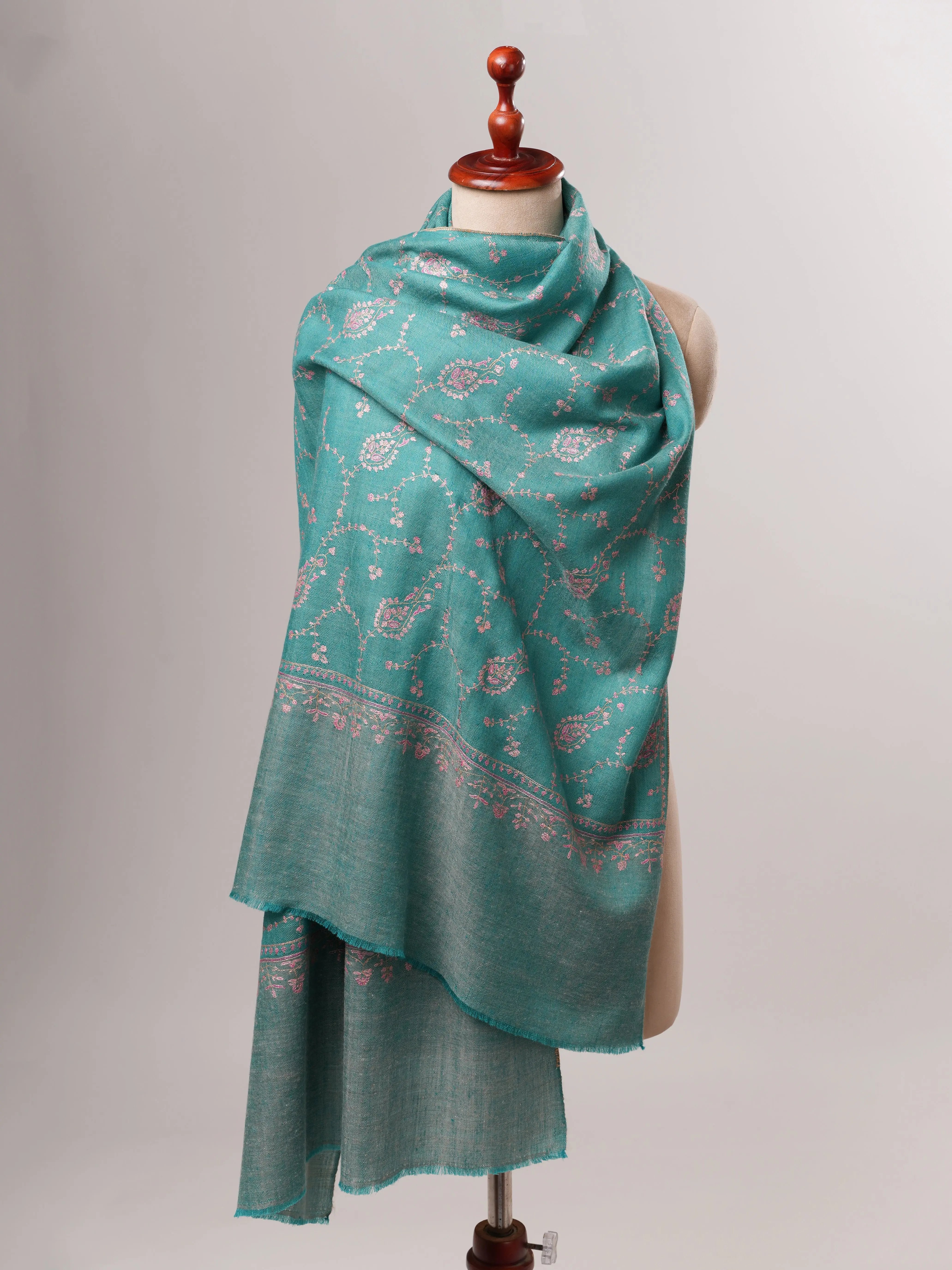 Pure Cashmere Scarf in Turquoise with Fine Hand Embroidery Shahkaar