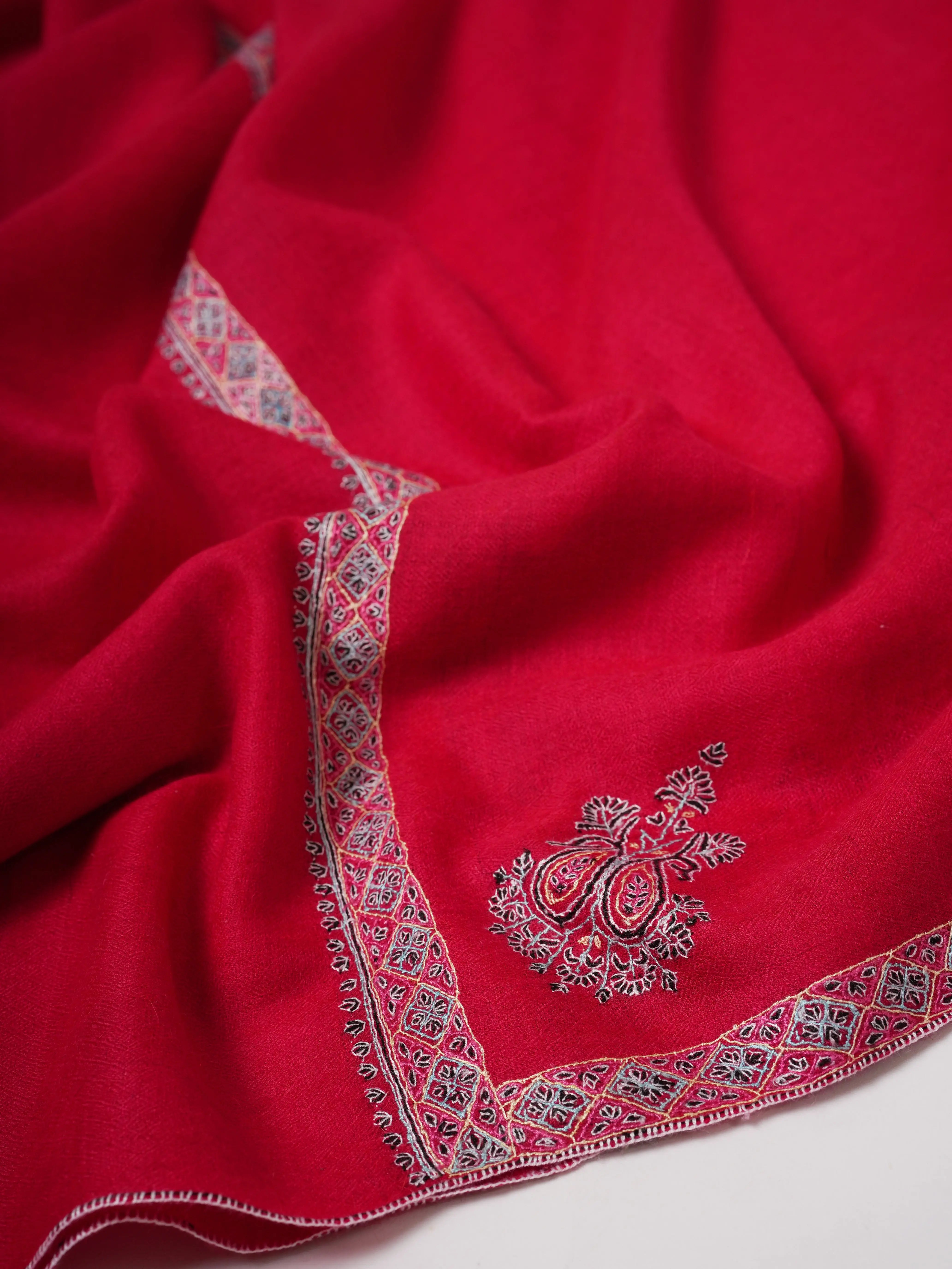Red Soft Pashmina Shawl with Hashia Hand Embroidery Shahkaar