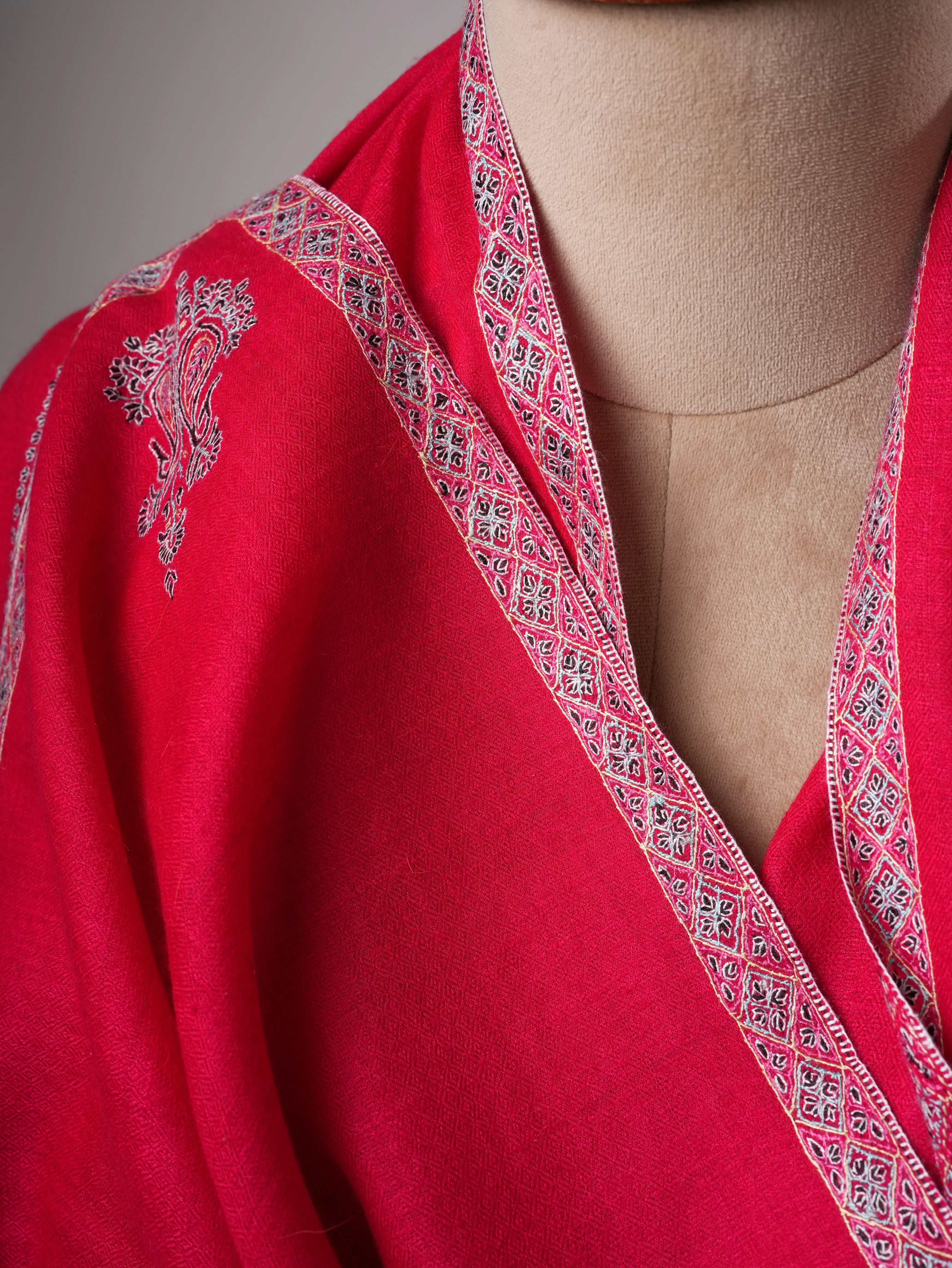 Red Soft Pashmina Shawl with Hashia Hand Embroidery Shahkaar