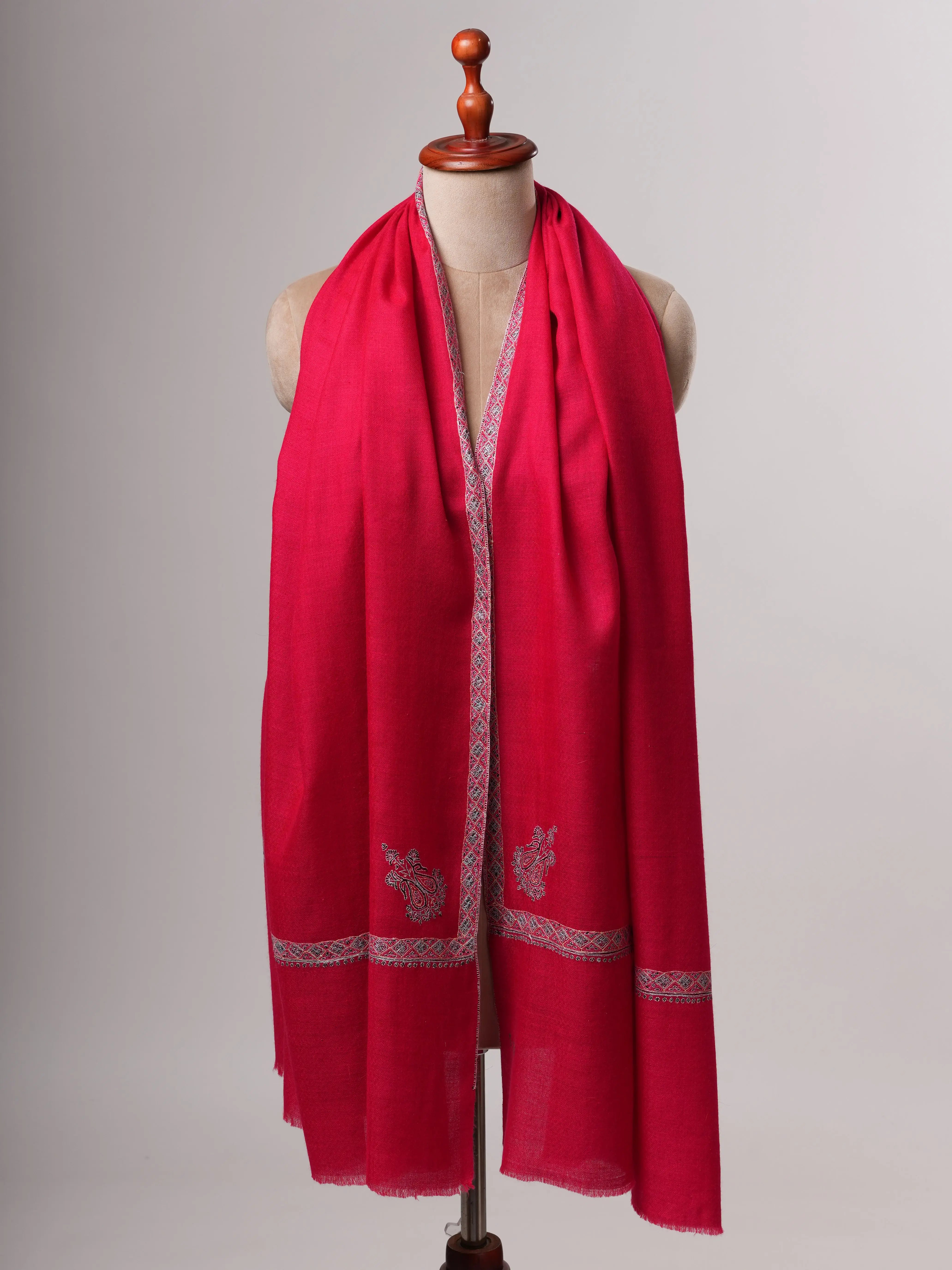 Red Soft Pashmina Shawl with Hashia Hand Embroidery Shahkaar