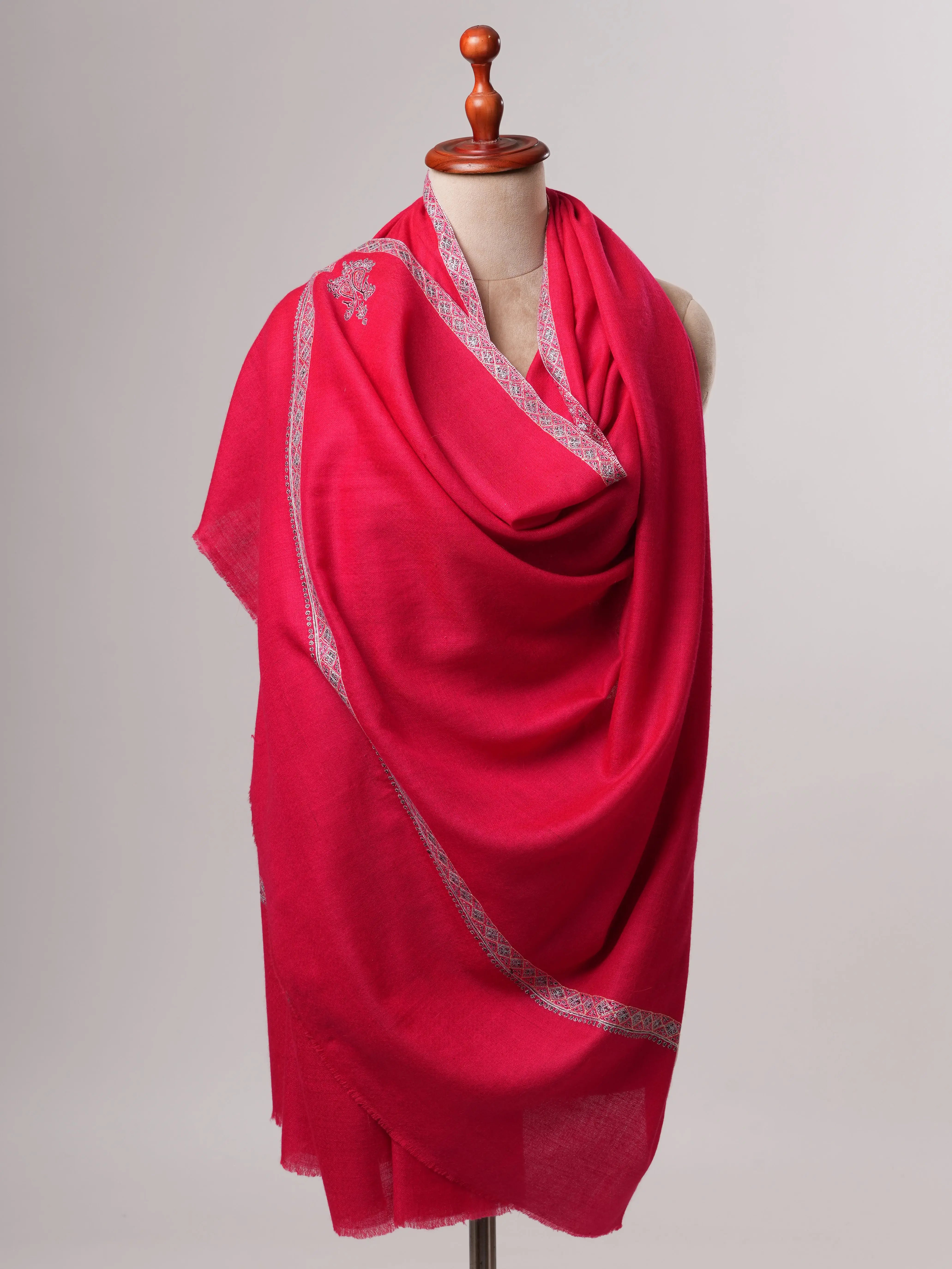 Red Soft Pashmina Shawl with Hashia Hand Embroidery Shahkaar