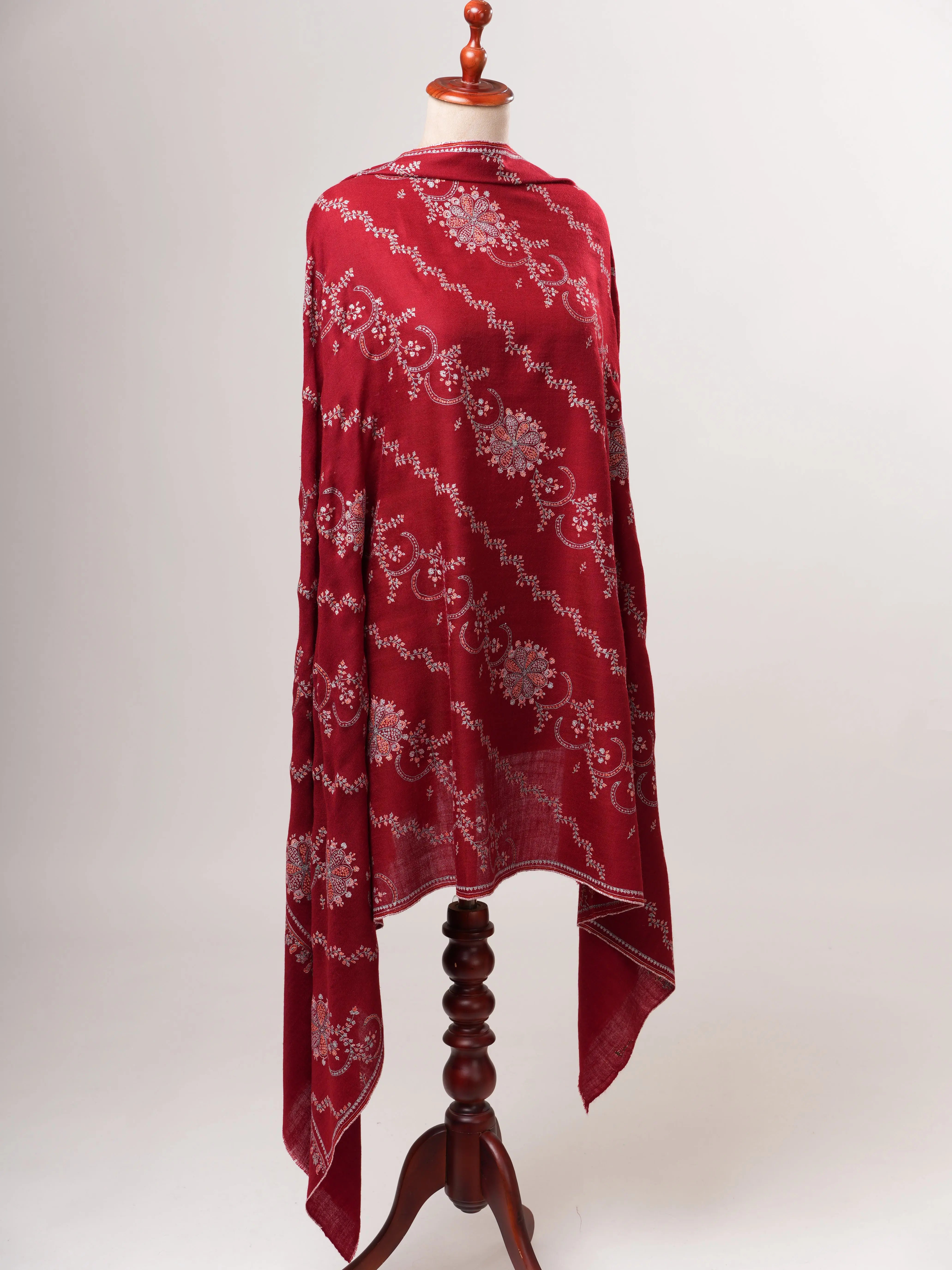 Red Kashmiri Pashmina Shawl with Khatras Sozni Hand Embroidery Shahkaar