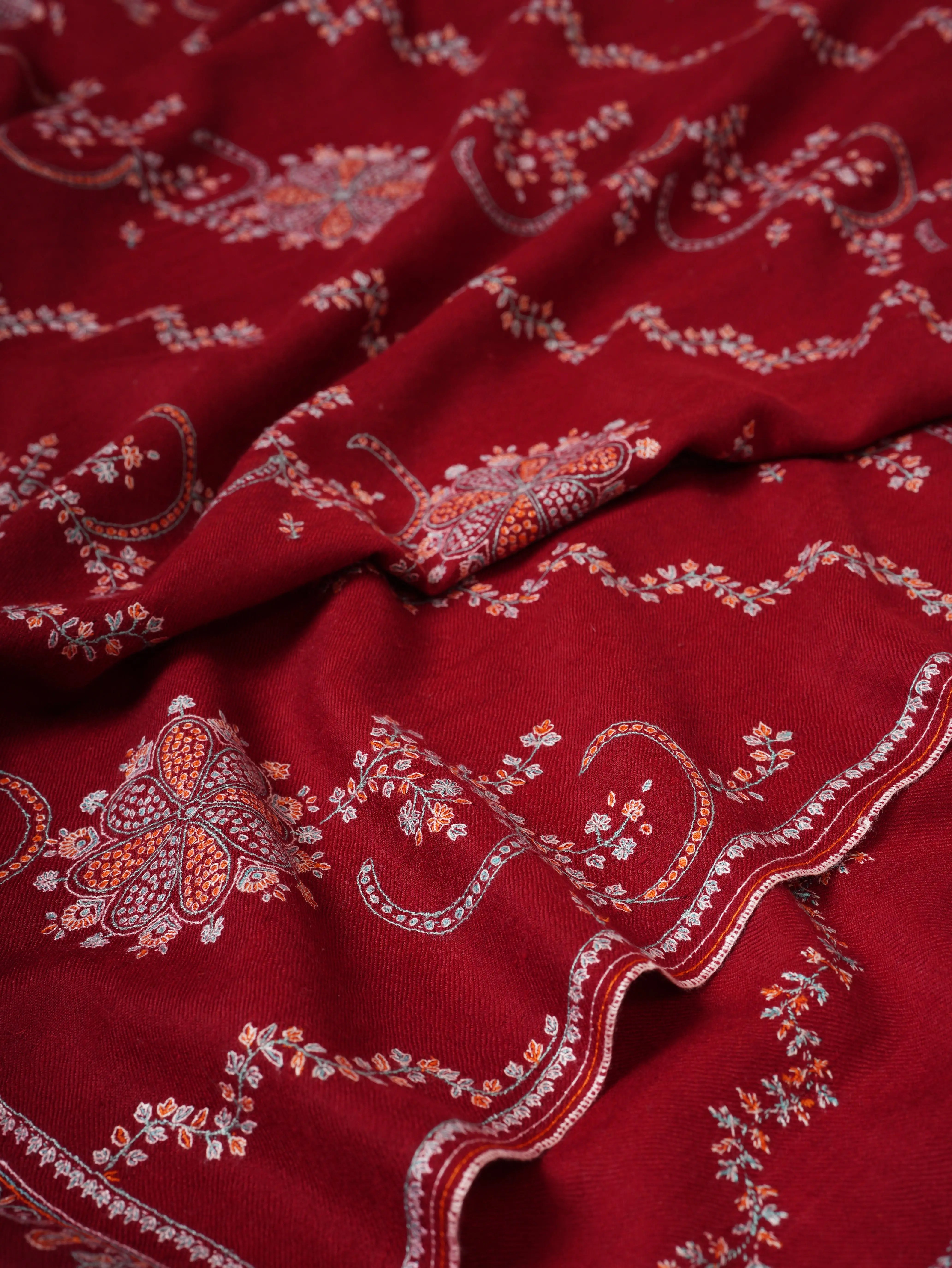 Red Kashmiri Pashmina Shawl with Khatras Sozni Hand Embroidery Shahkaar