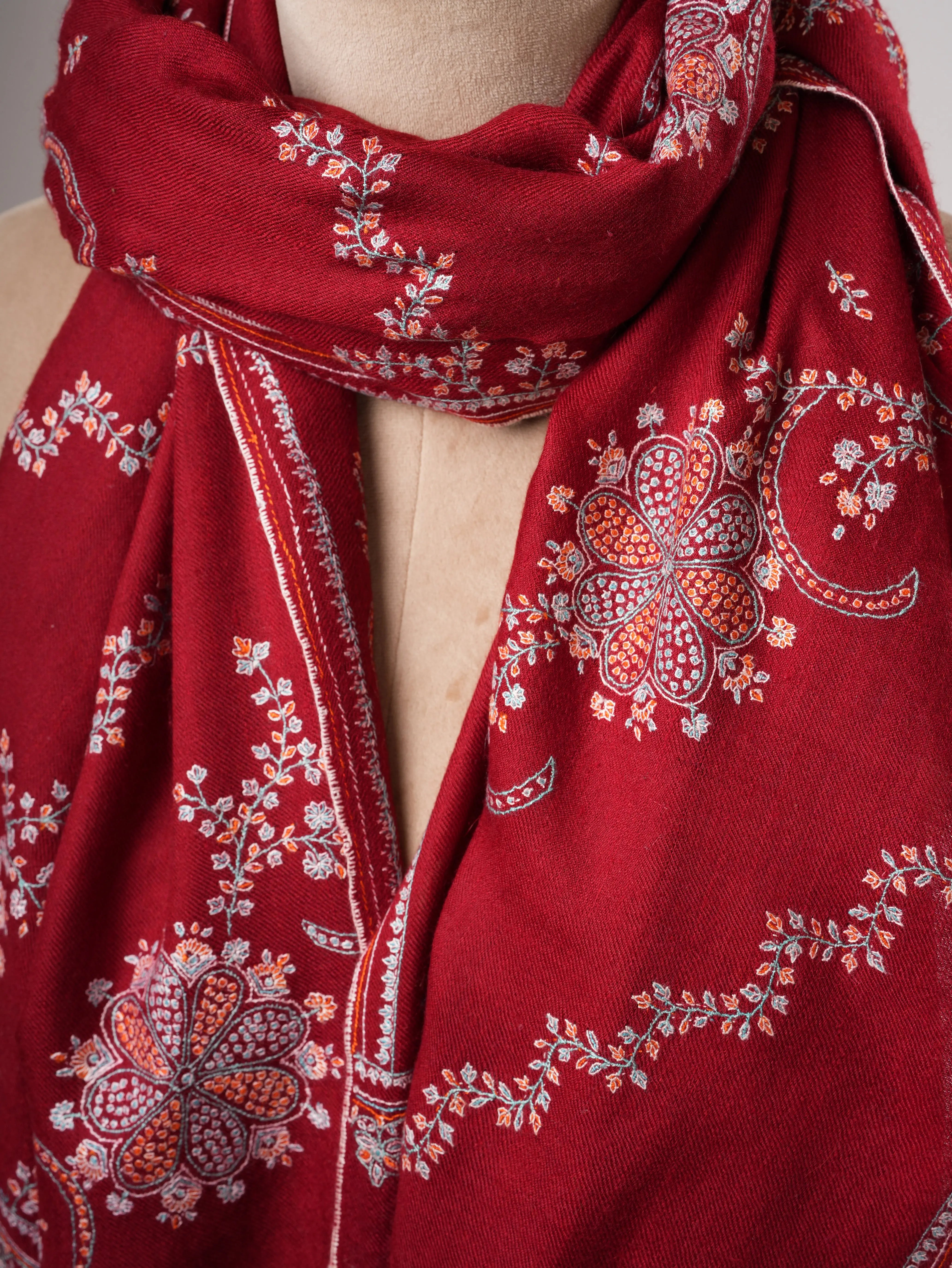 Red Kashmiri Pashmina Shawl with Khatras Sozni Hand Embroidery Shahkaar