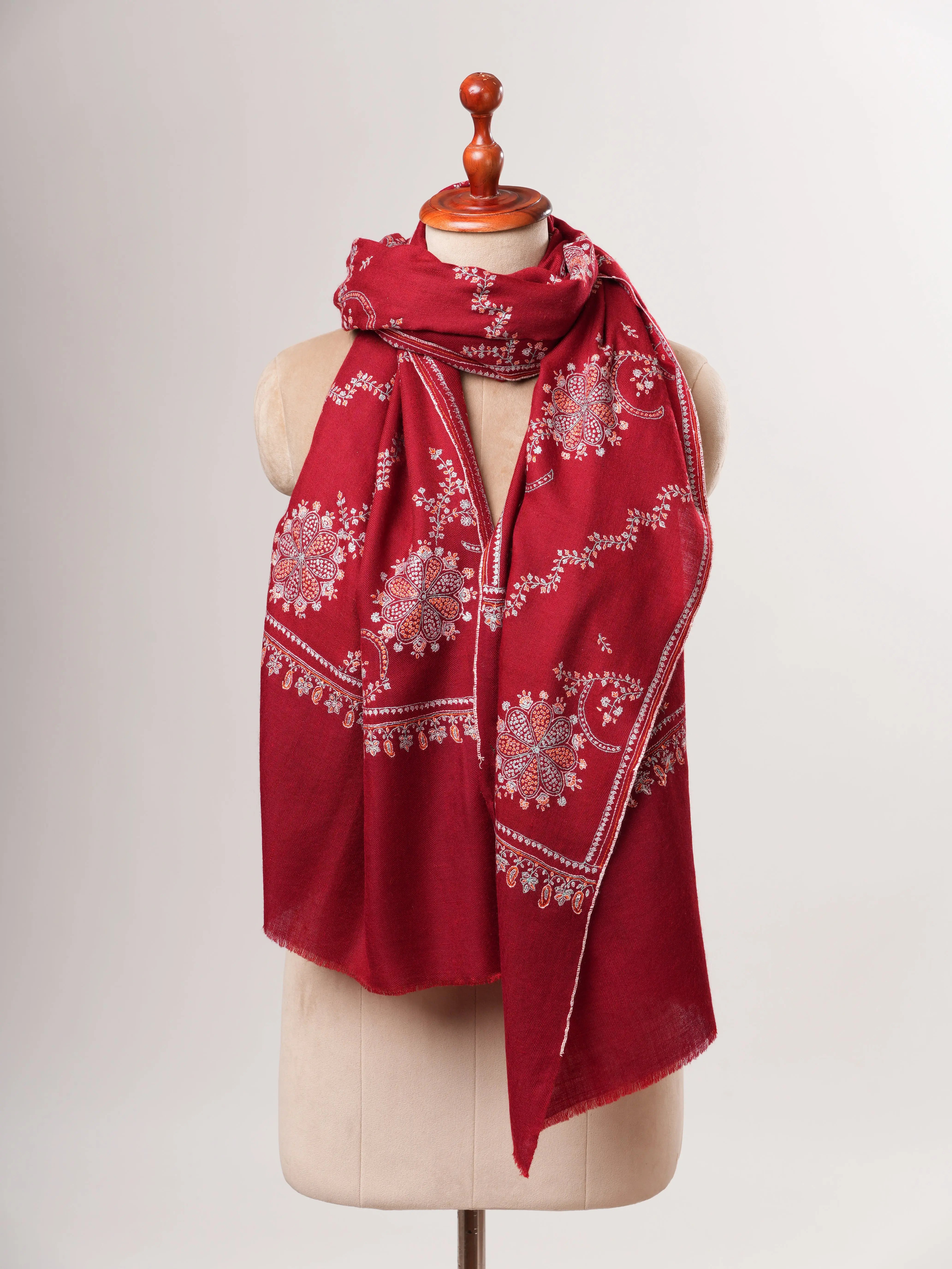 Red Kashmiri Pashmina Shawl with Khatras Sozni Hand Embroidery Shahkaar