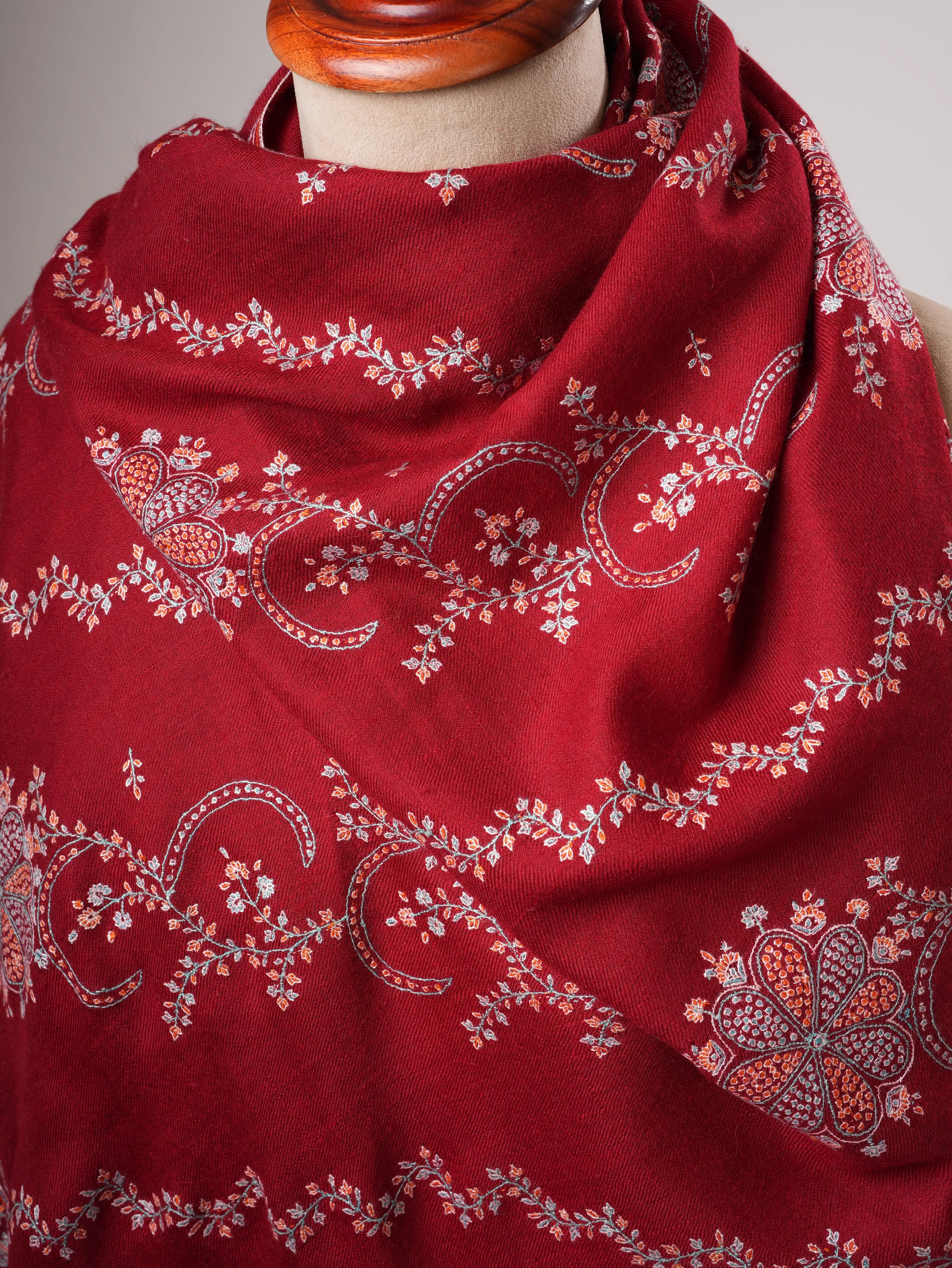 Red Kashmiri Pashmina Shawl with Khatras Sozni Hand Embroidery Shahkaar
