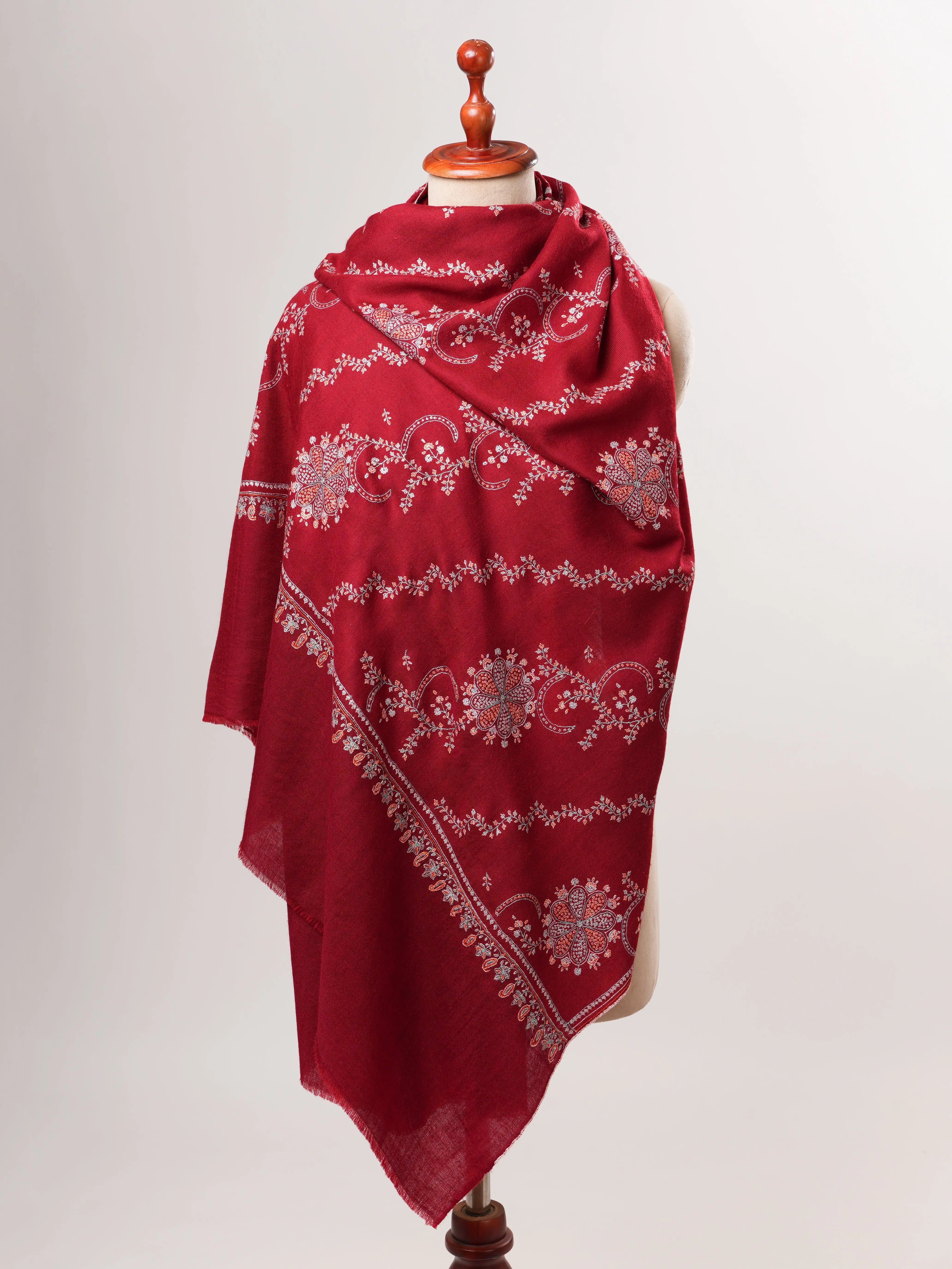 Red Kashmiri Pashmina Shawl with Khatras Sozni Hand Embroidery Shahkaar