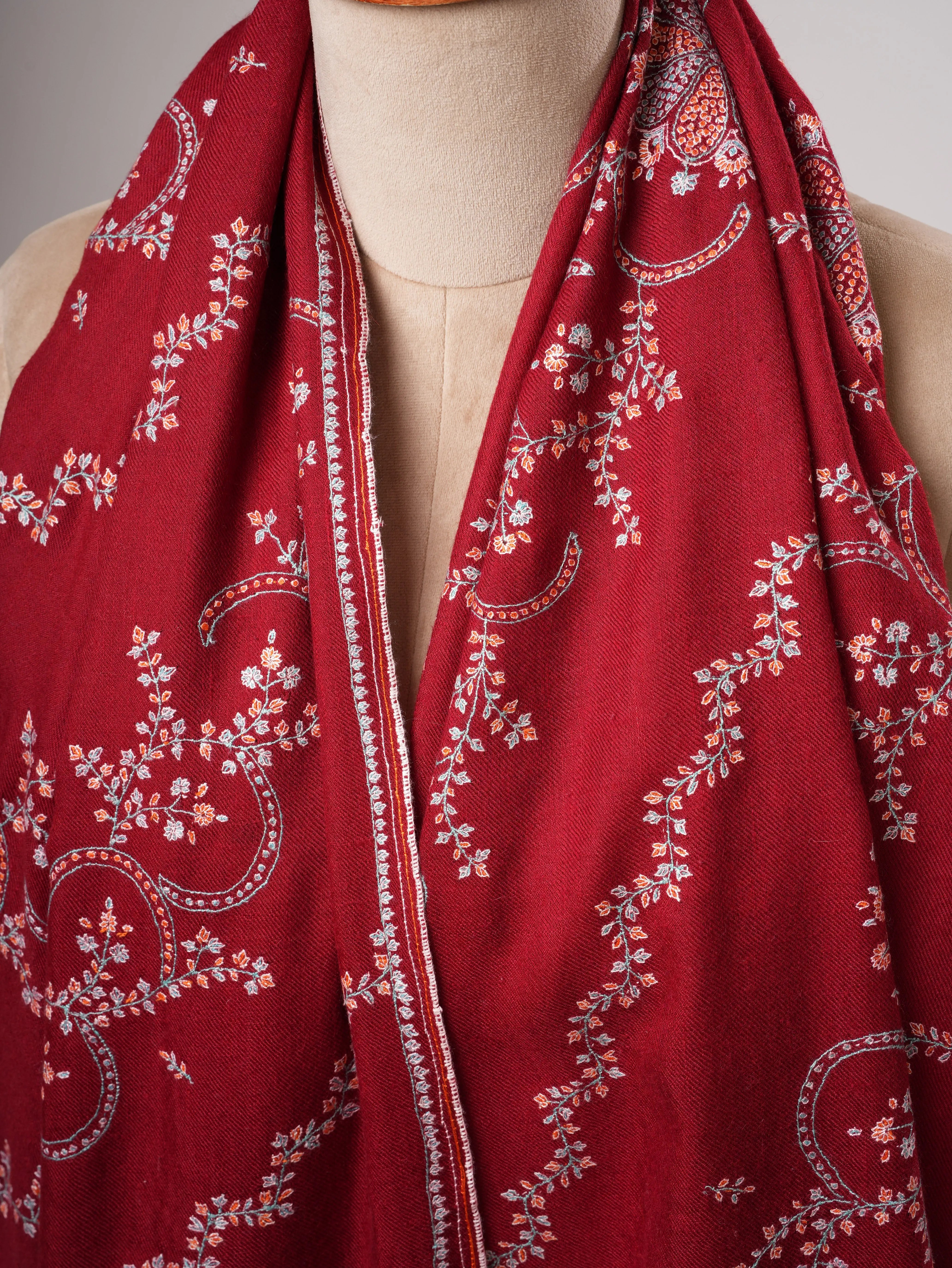 Red Kashmiri Pashmina Shawl with Khatras Sozni Hand Embroidery Shahkaar