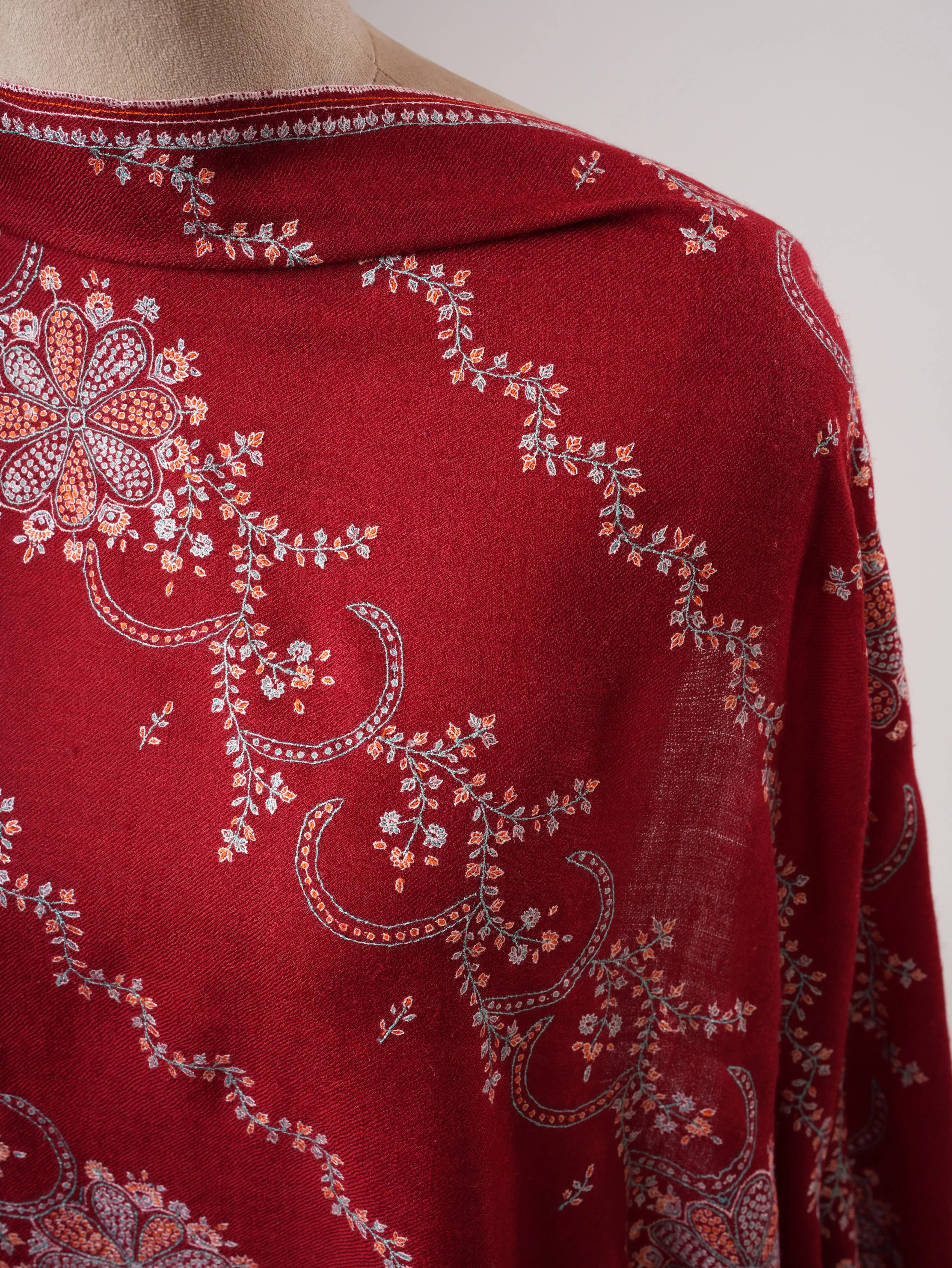 Red Kashmiri Pashmina Shawl with Khatras Sozni Hand Embroidery Shahkaar