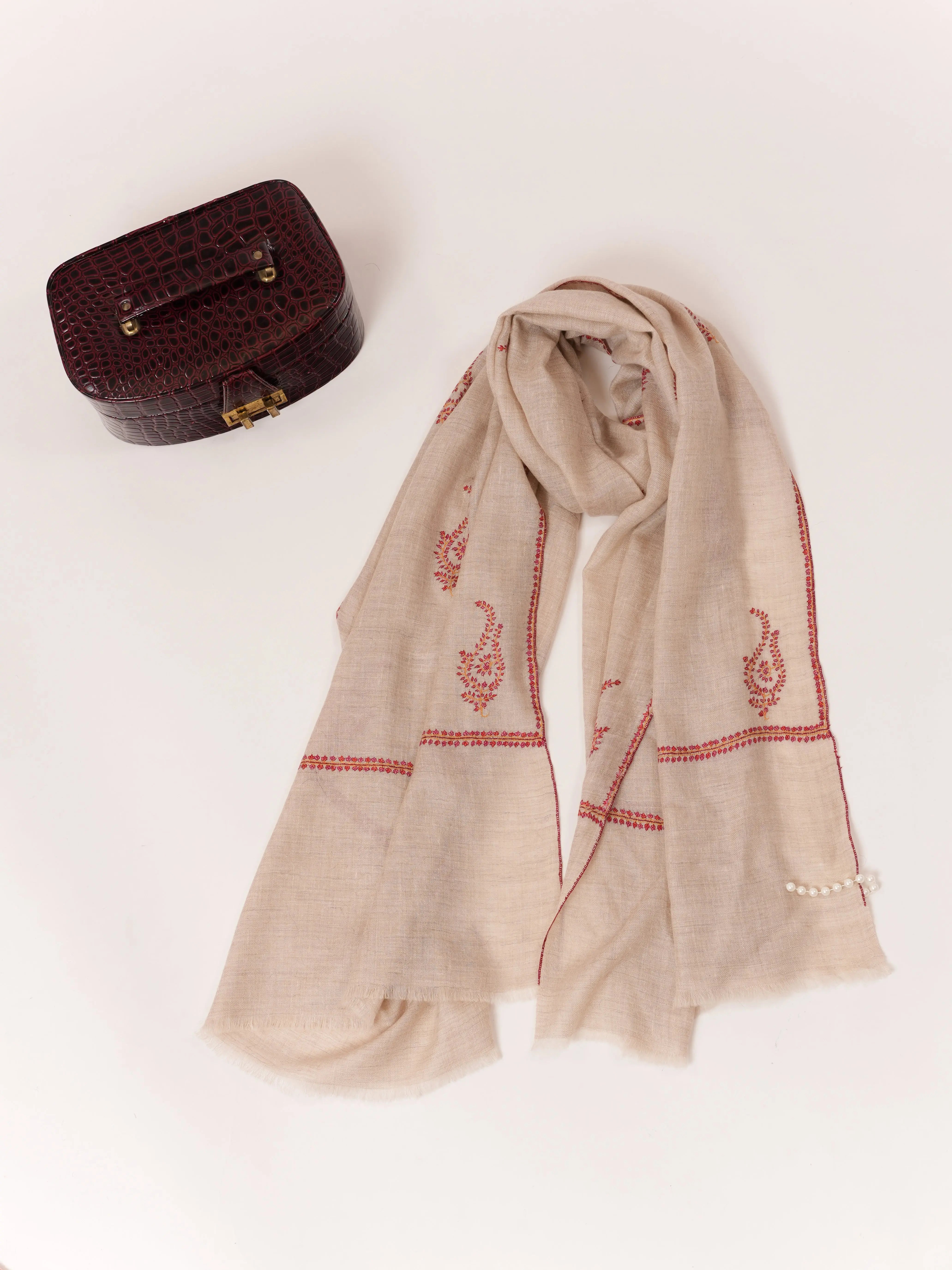 Natural Taupe Handwoven Cashmere Scarf with Sozni Hand Embroidery Shahkaar.com