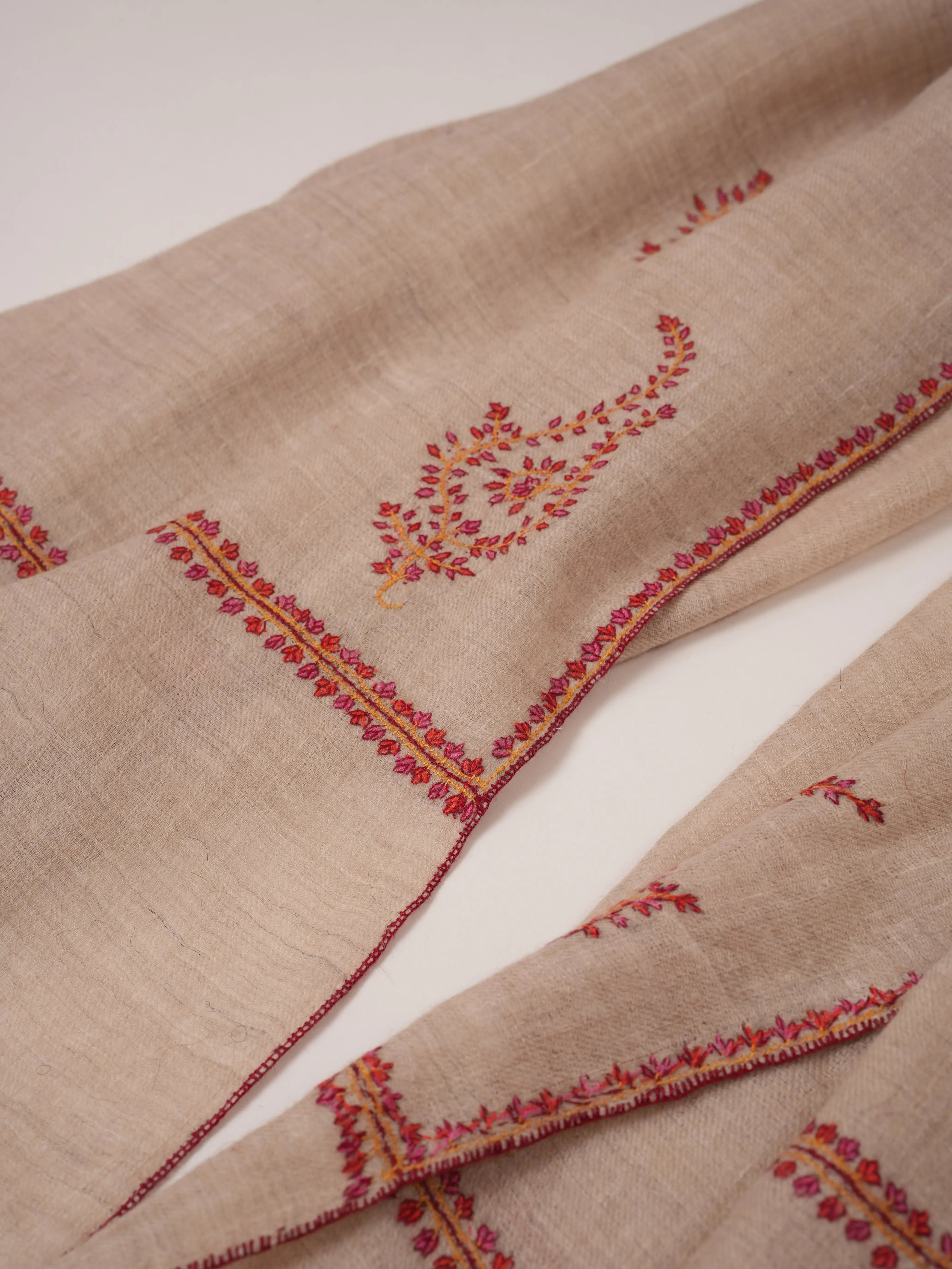 Natural Taupe Handwoven Cashmere Scarf with Sozni Hand Embroidery Shahkaar.com