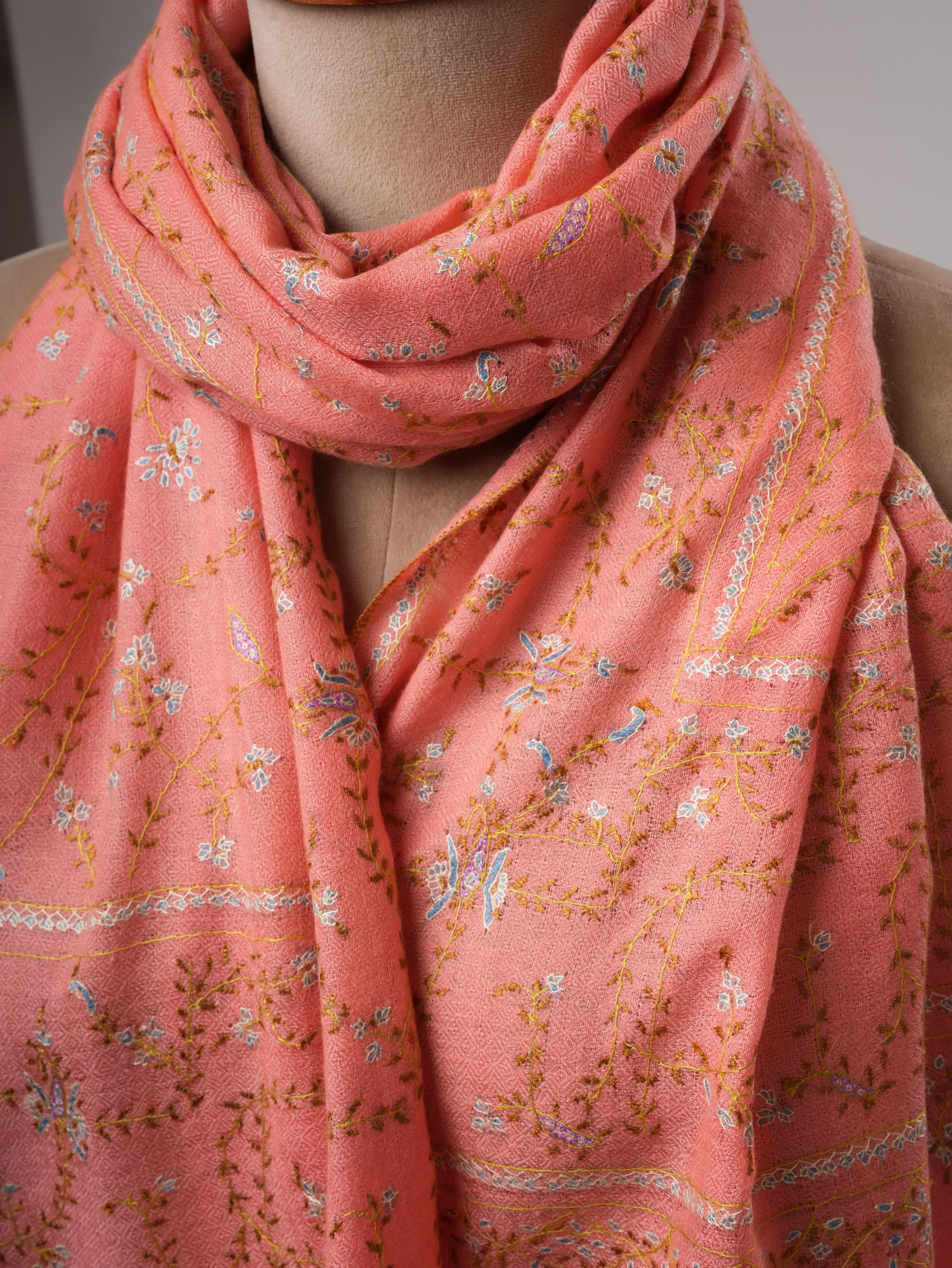 Pure Cashmere Peach Scarf with Delicate Sozni Embroidery Shahkaar