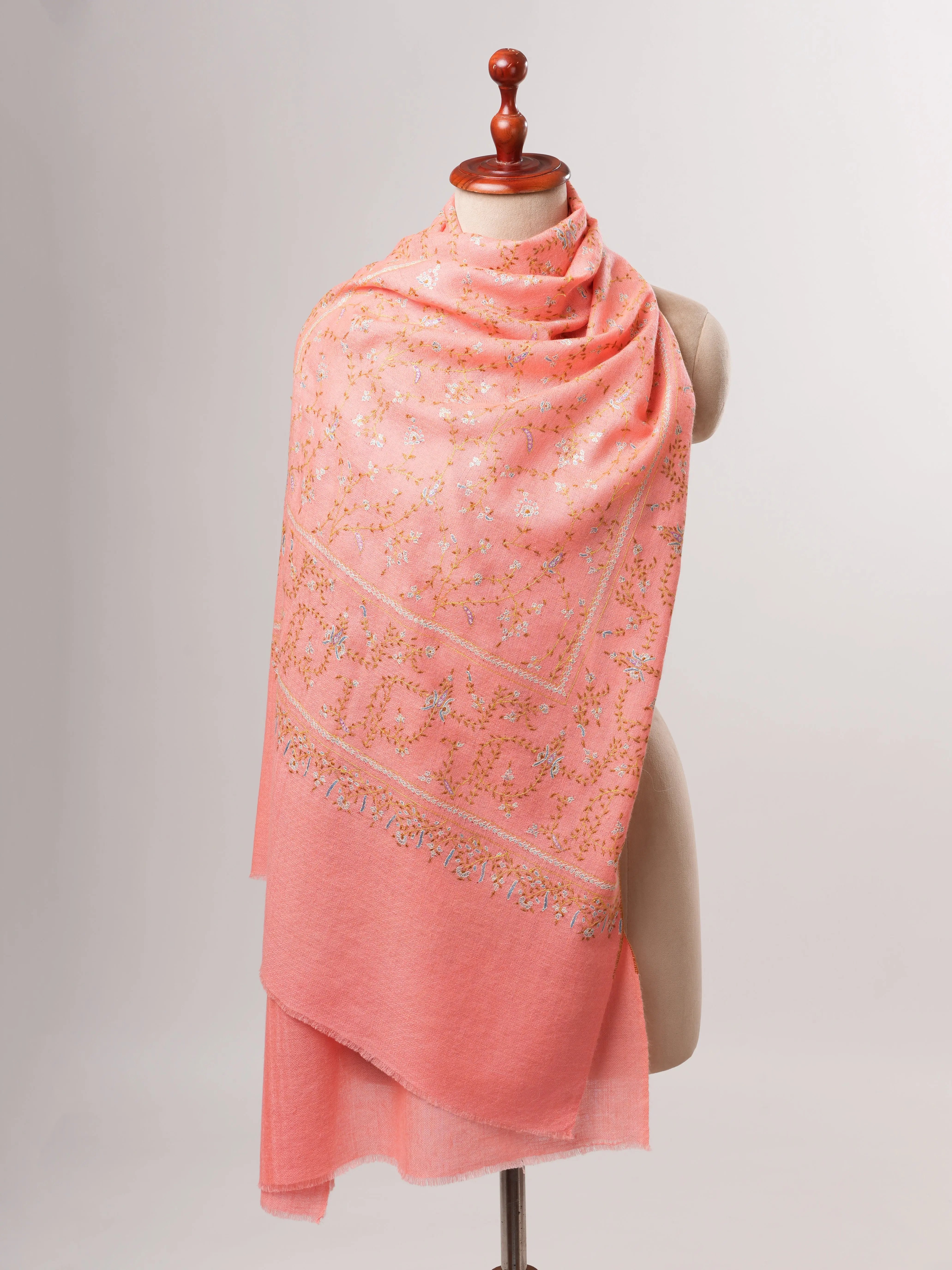 Pure Cashmere Peach Scarf with Delicate Sozni Embroidery Shahkaar