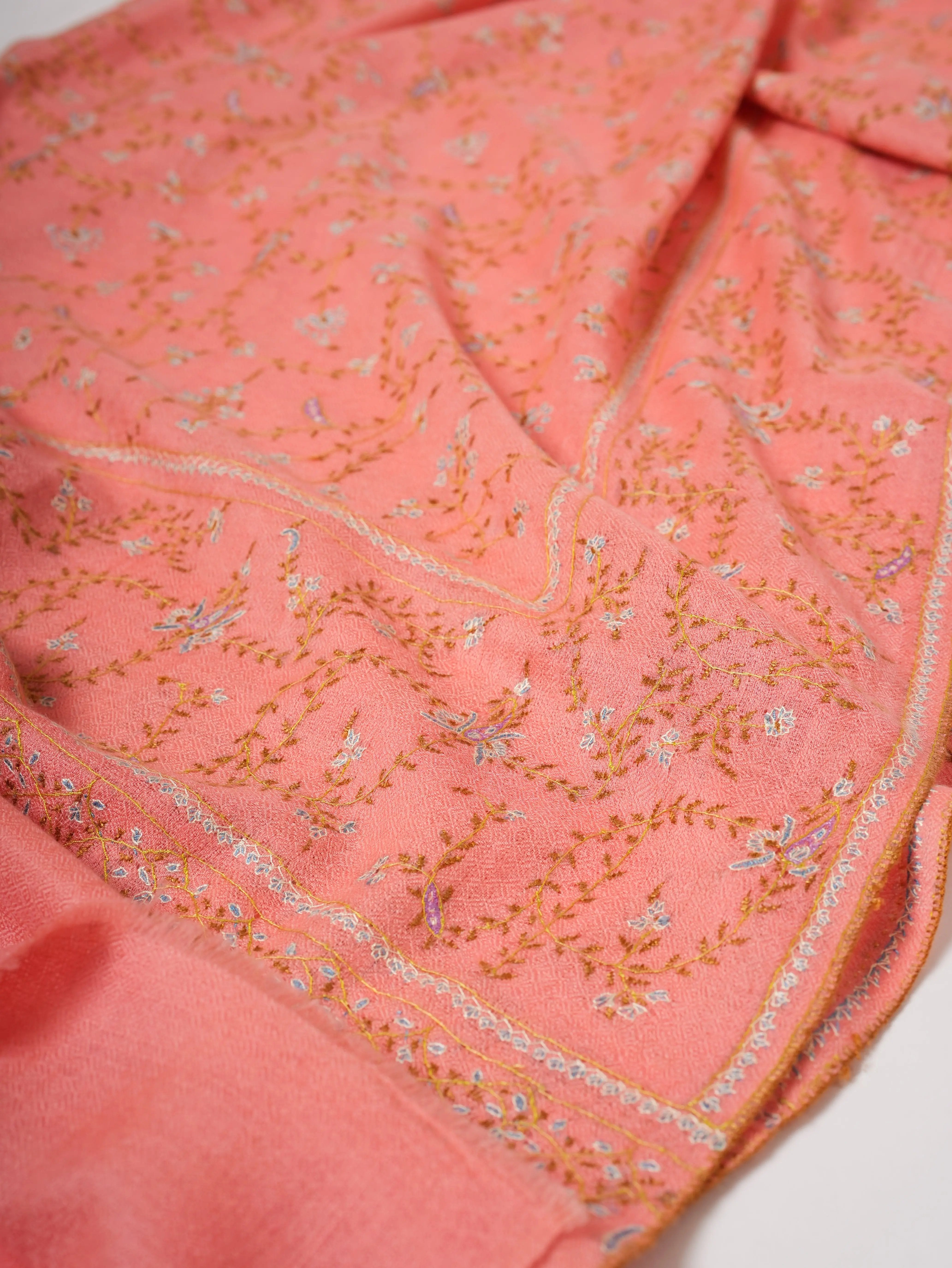 Pure Cashmere Peach Scarf with Delicate Sozni Embroidery Shahkaar