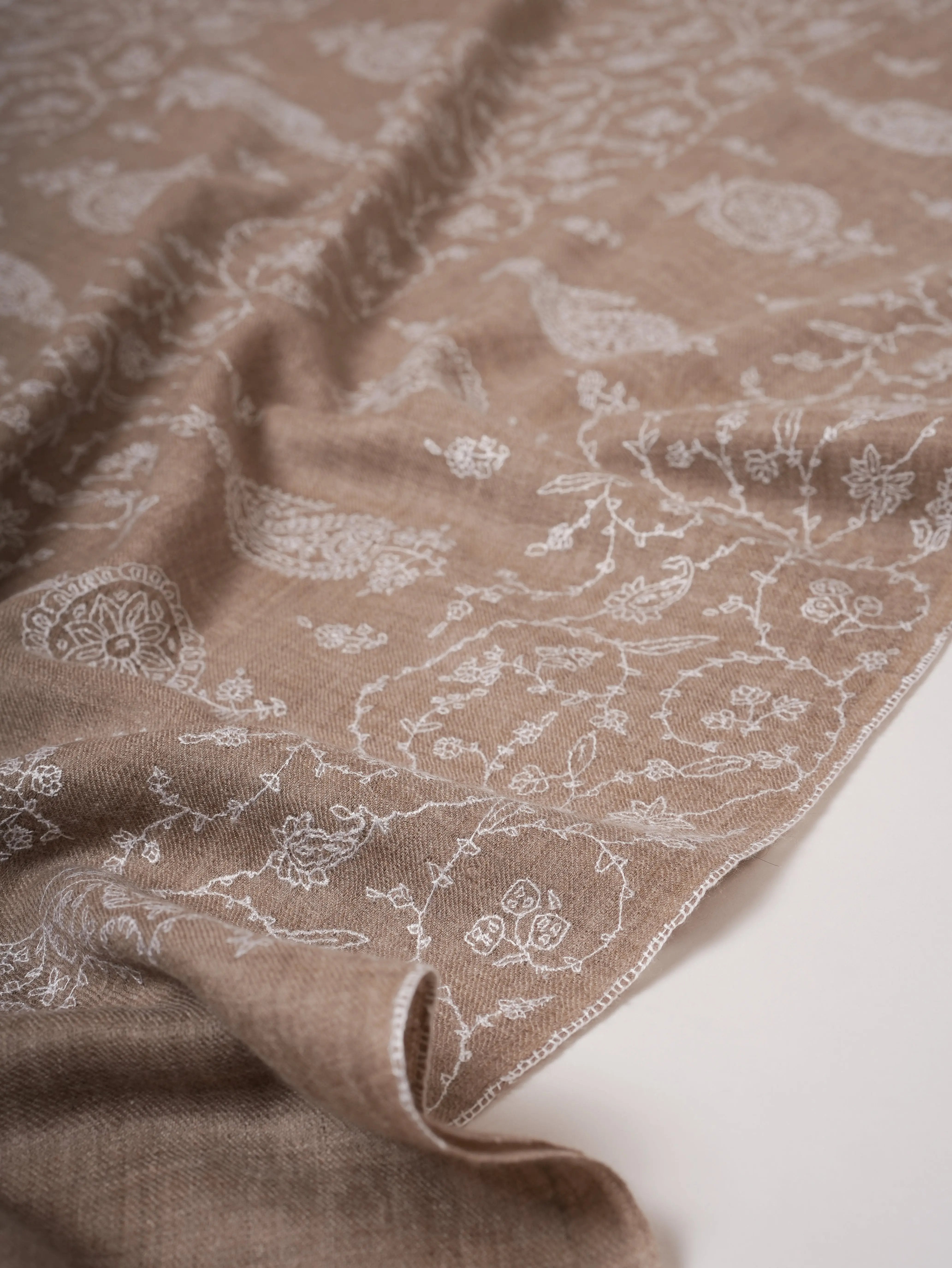 Grey Cashmere Scarf with Detailed White Hand Embroidery Shahkaar