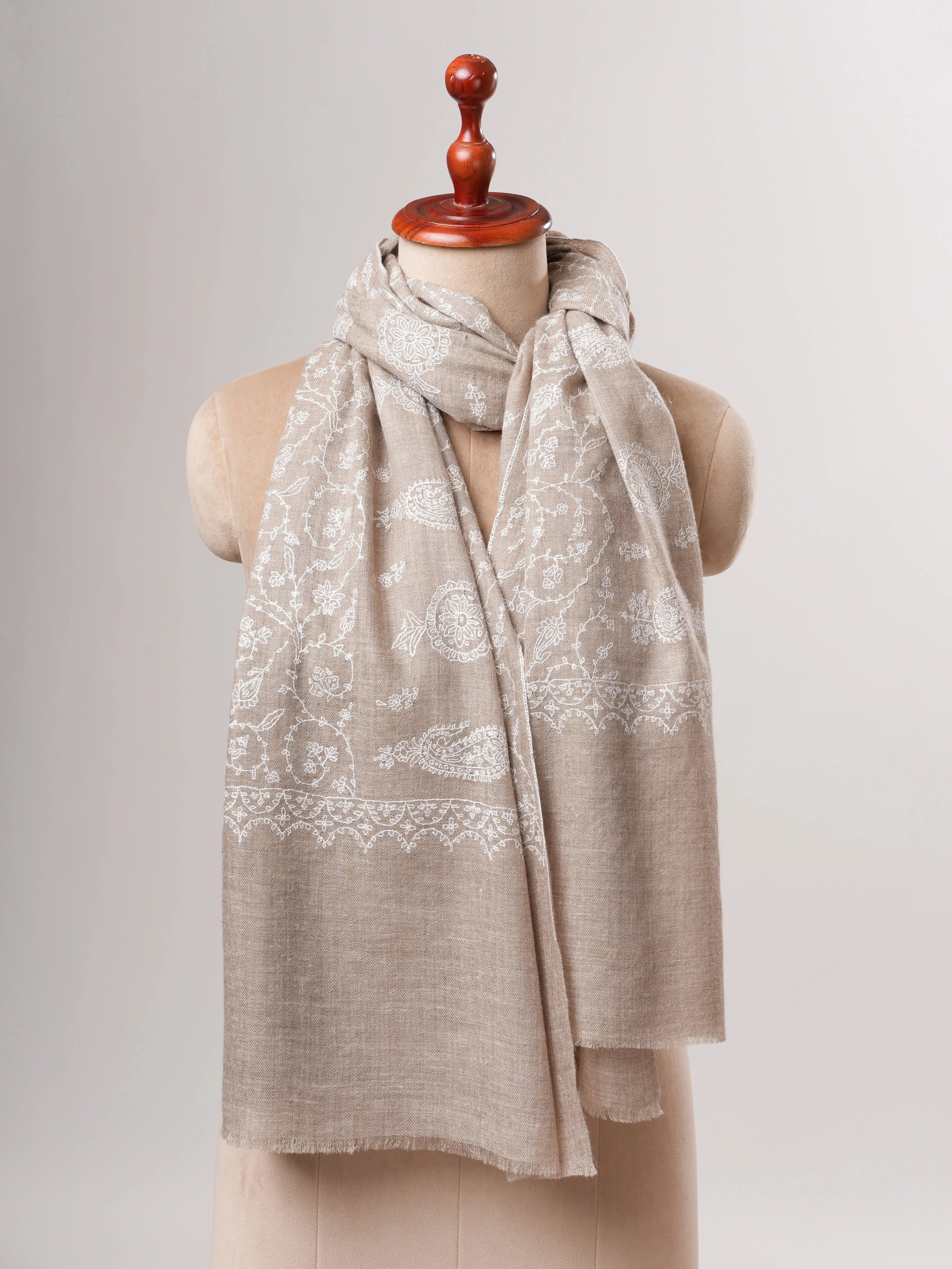 Grey Cashmere Scarf with Detailed White Hand Embroidery Shahkaar