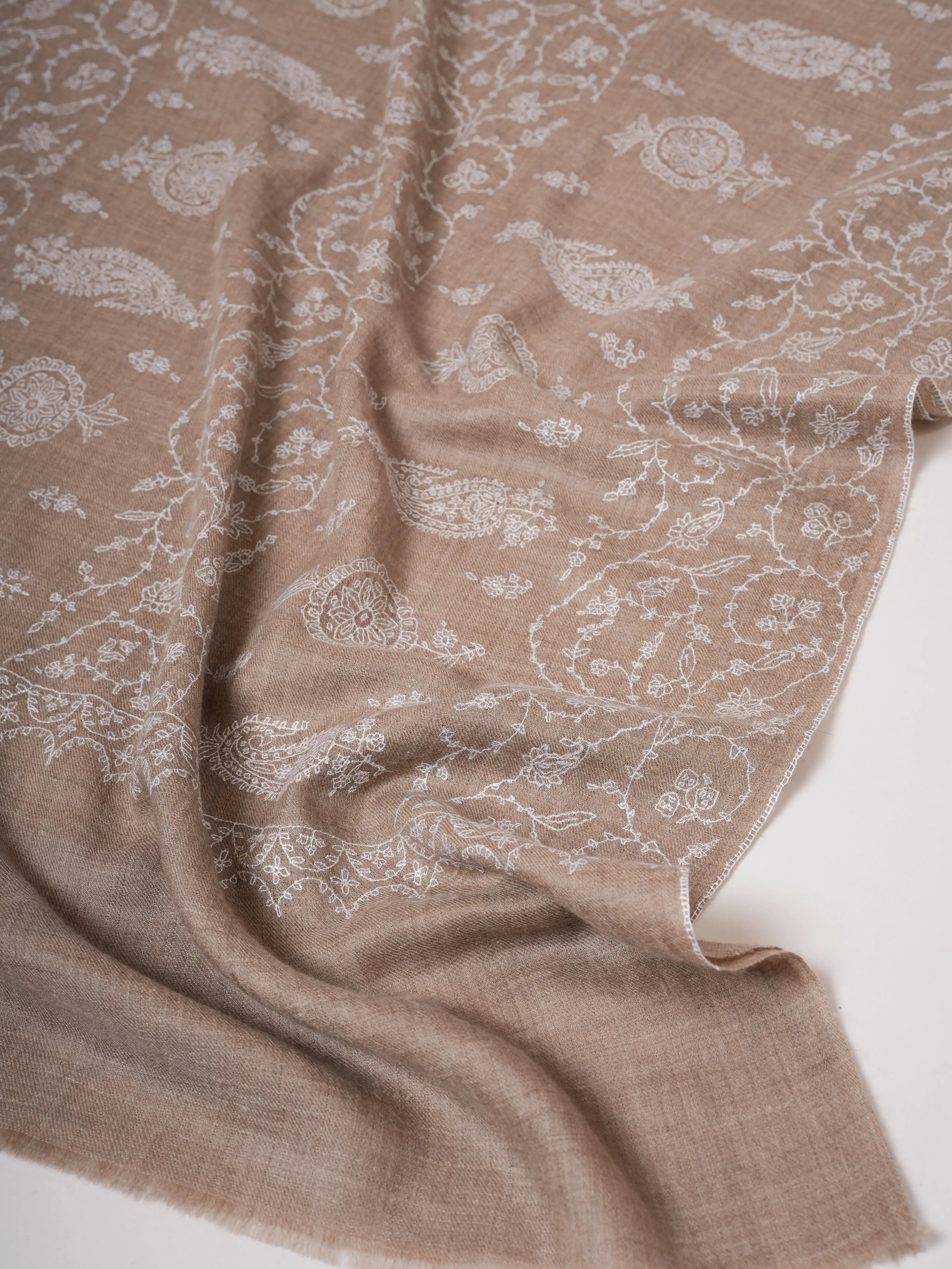 Grey Cashmere Scarf with Detailed White Hand Embroidery Shahkaar