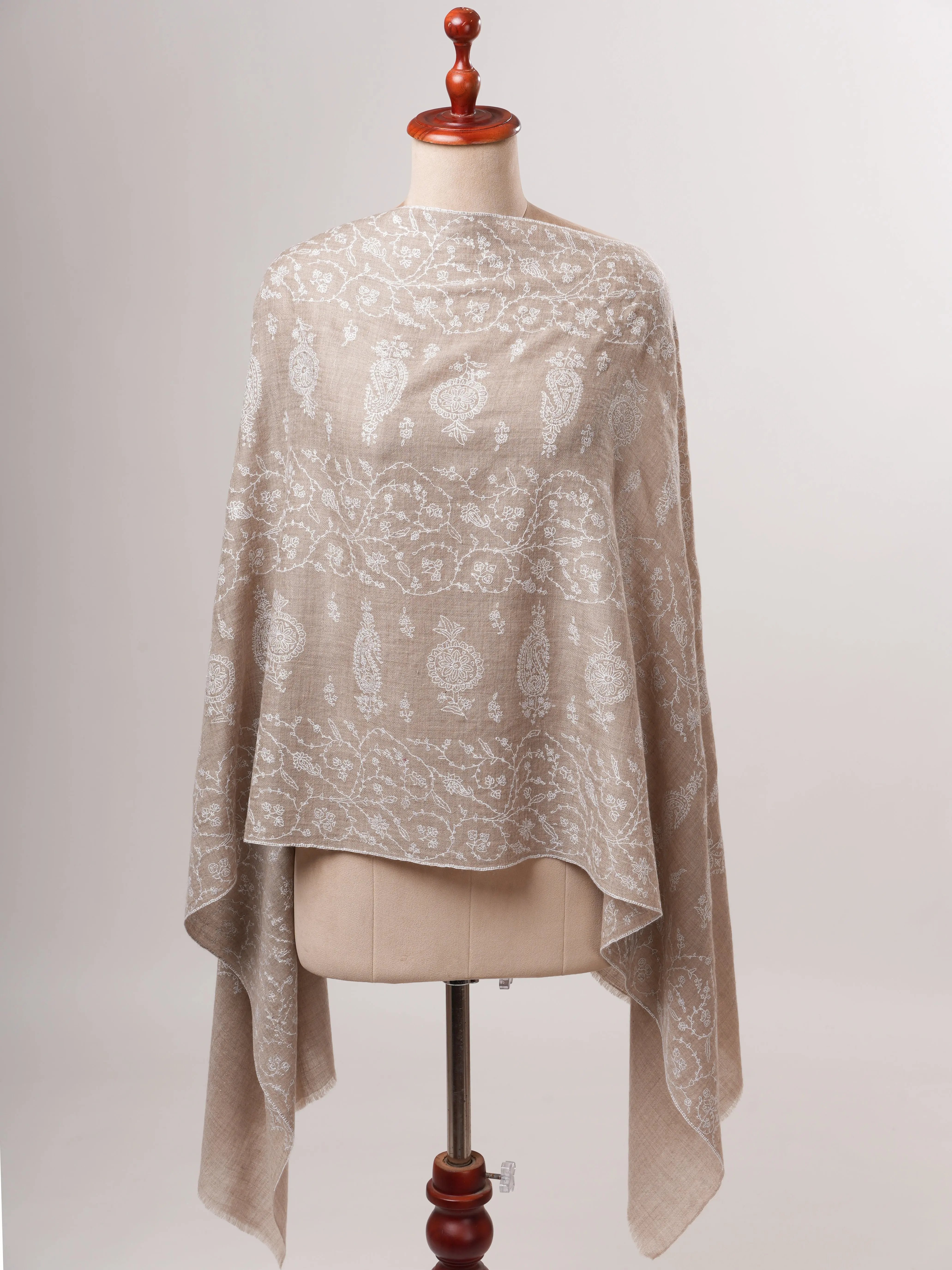 Grey Cashmere Scarf with Detailed White Hand Embroidery Shahkaar