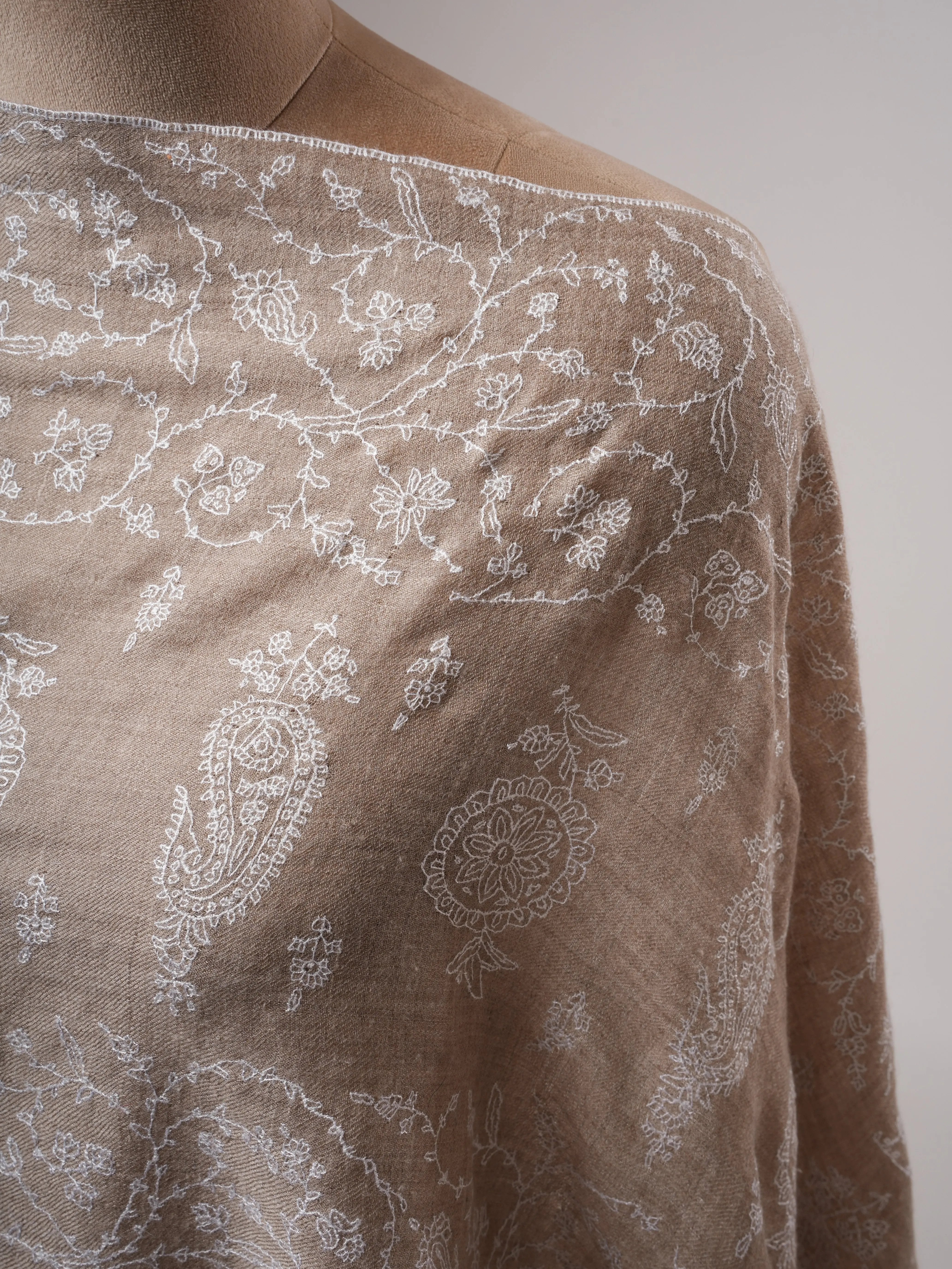 Grey Cashmere Scarf with Detailed White Hand Embroidery Shahkaar