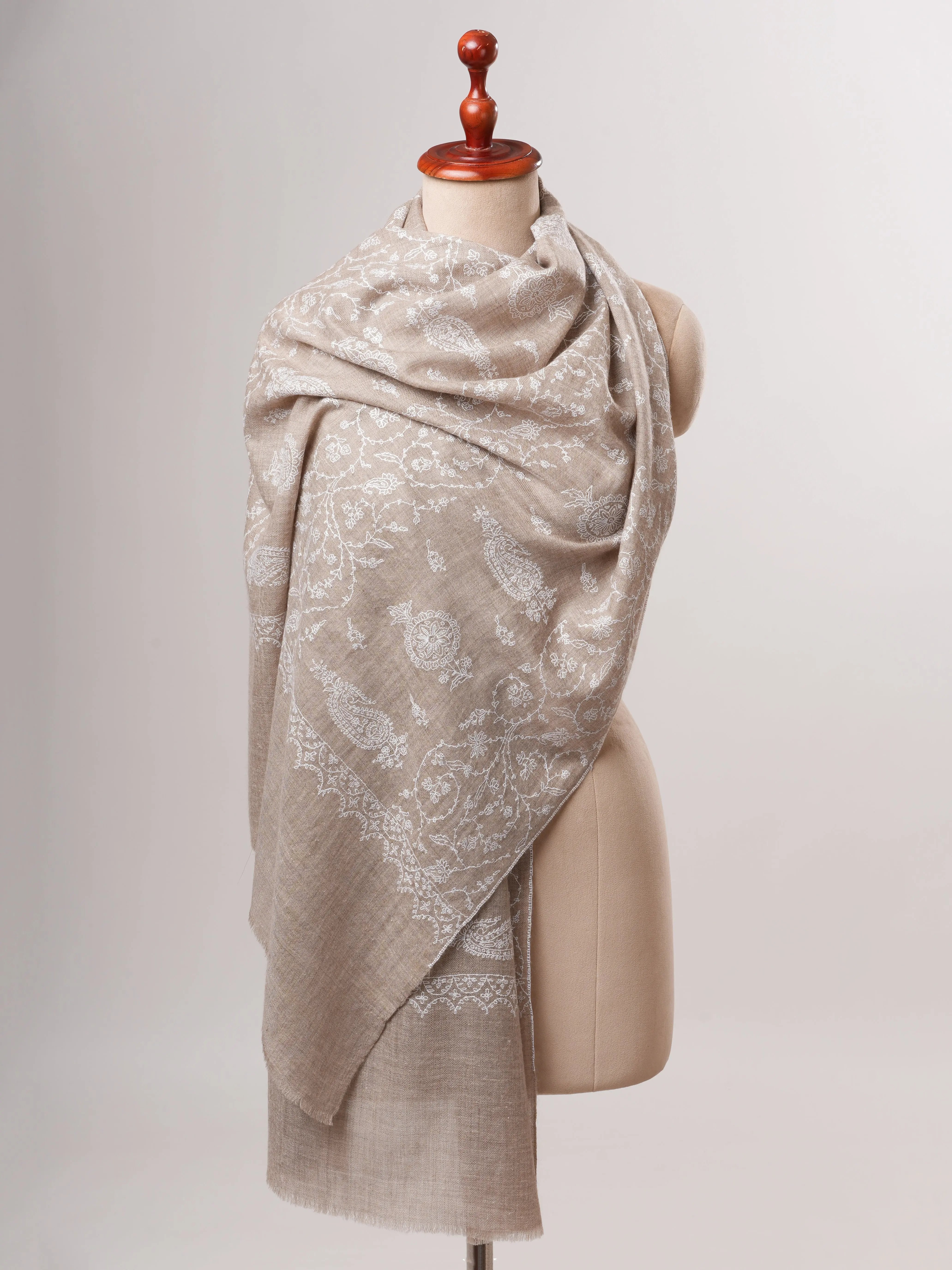 Grey Cashmere Scarf with Detailed White Hand Embroidery Shahkaar