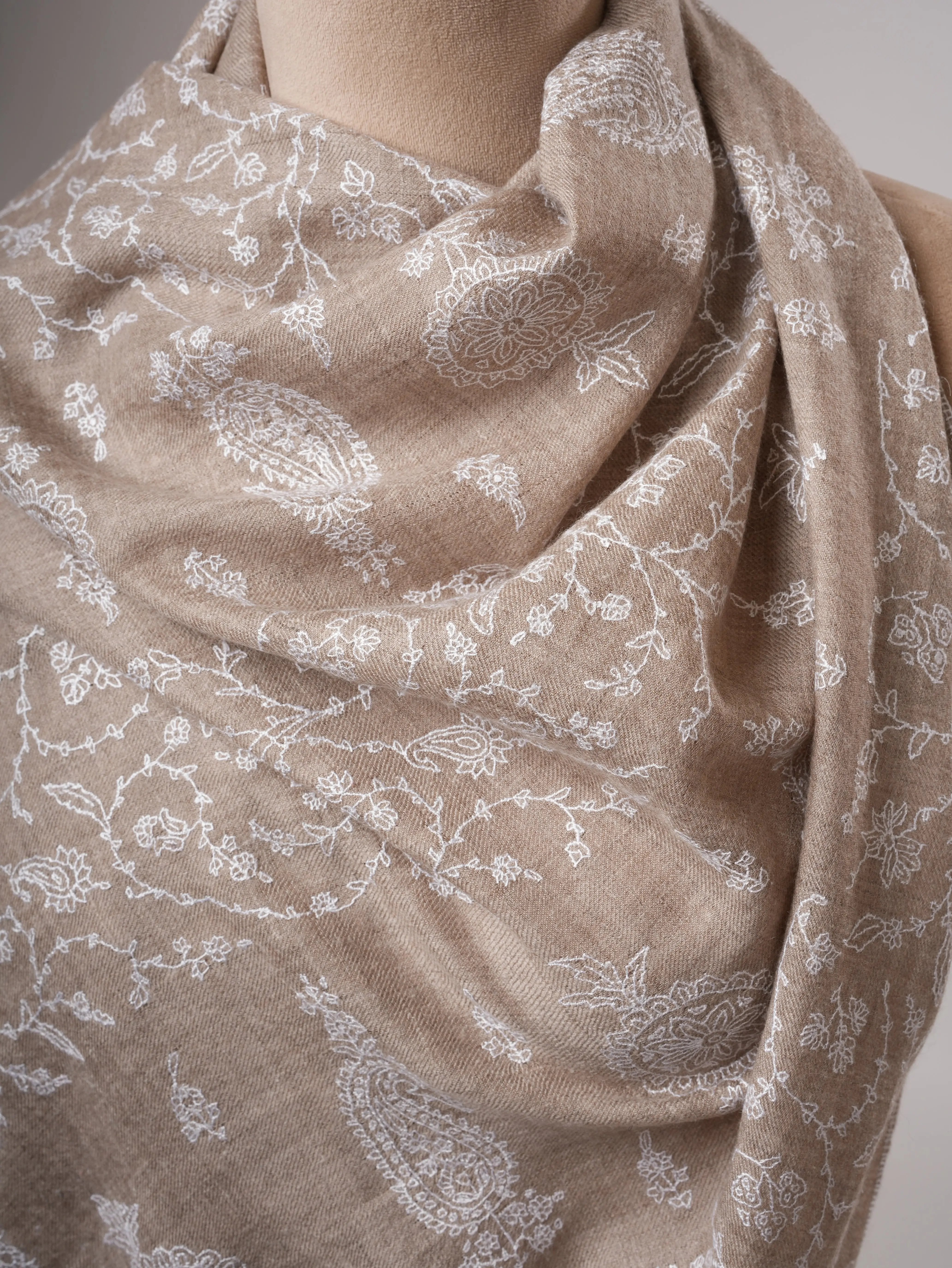 Grey Cashmere Scarf with Detailed White Hand Embroidery Shahkaar