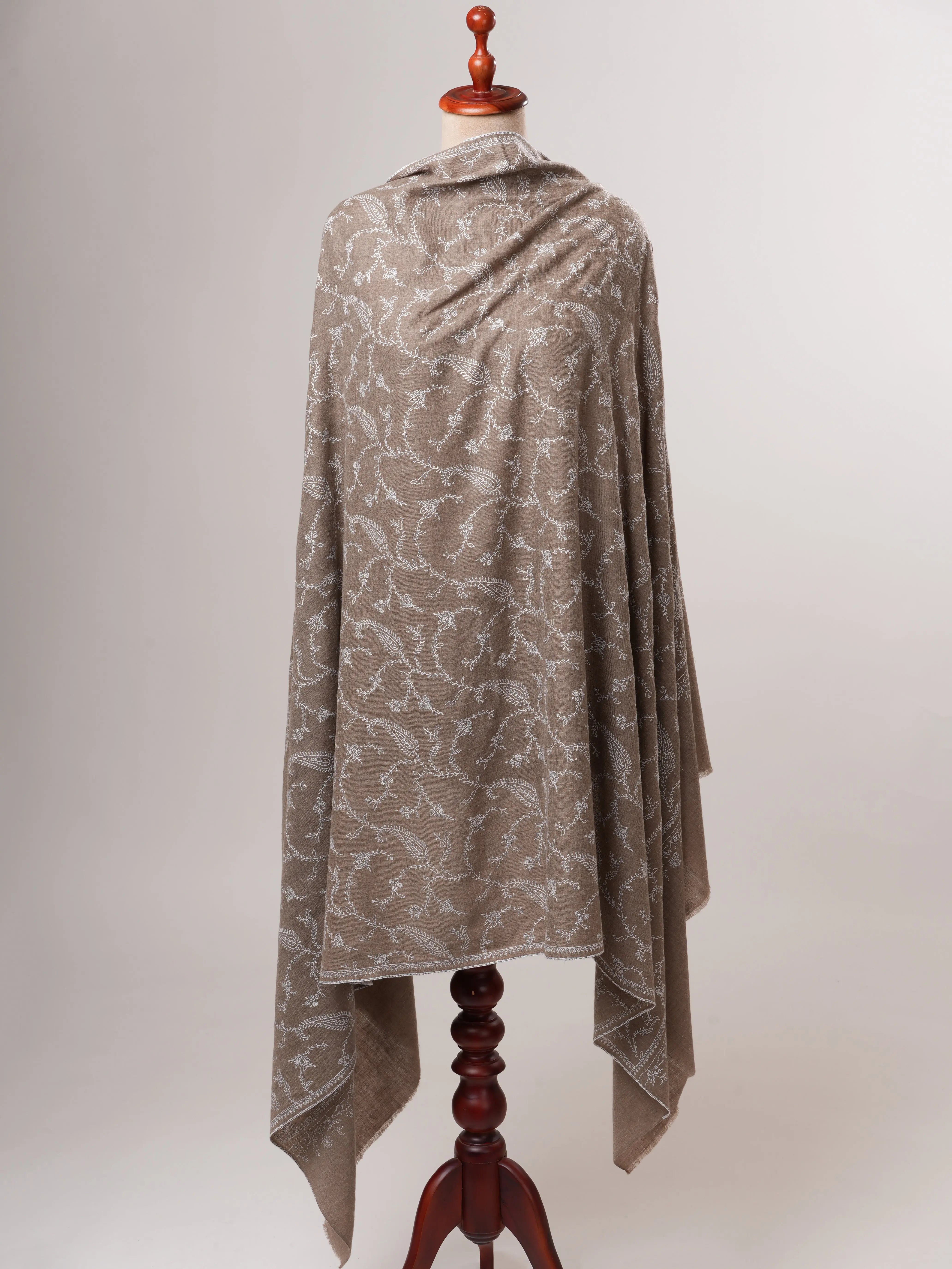 Natural Grey Kashmiri Pashmina Shawl with White Sozni Embroidery Shahkaar