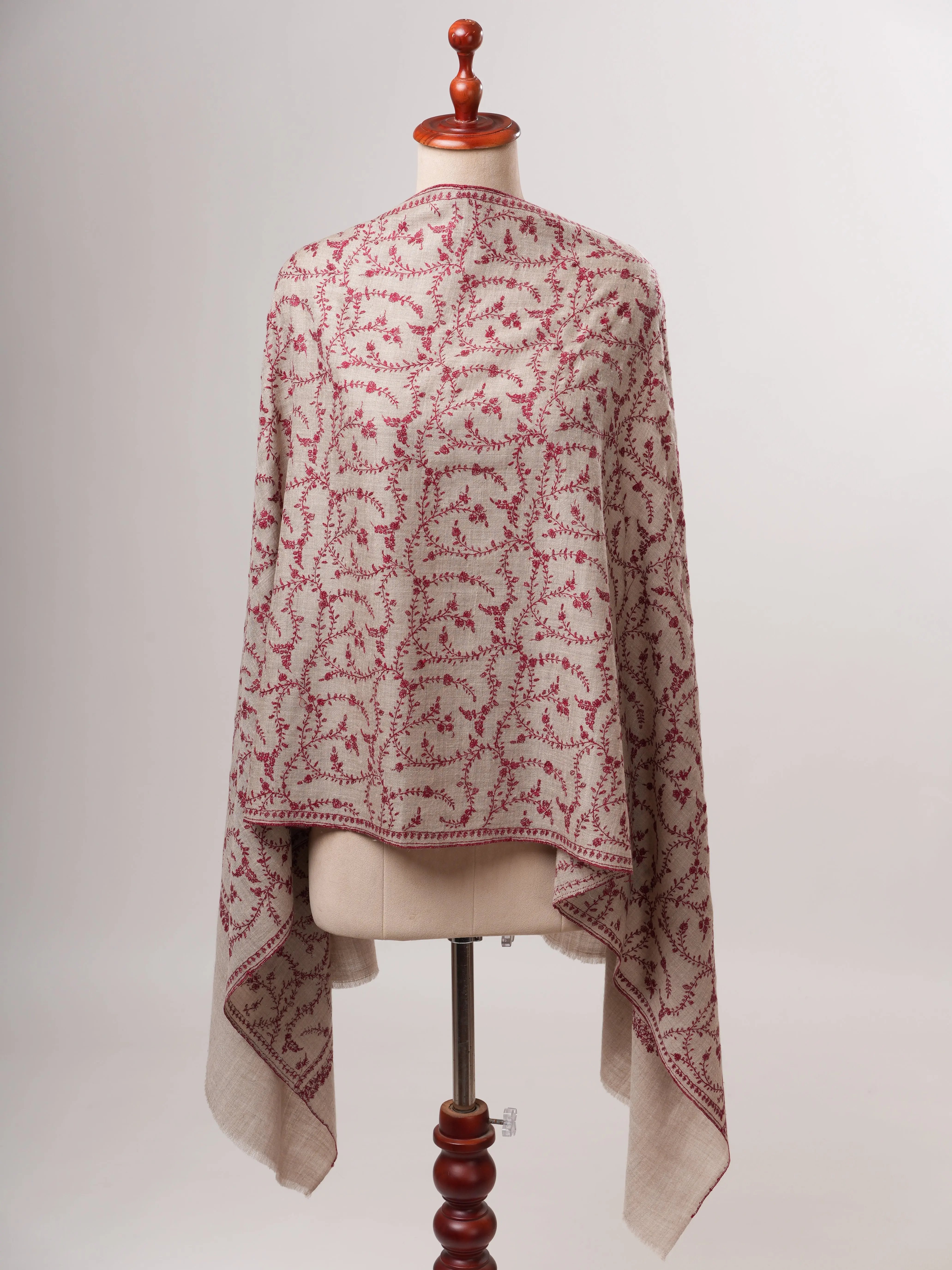 Hand Embroidered Natural Grey Cashmere Scarf with Jali Detailing Shahkaar