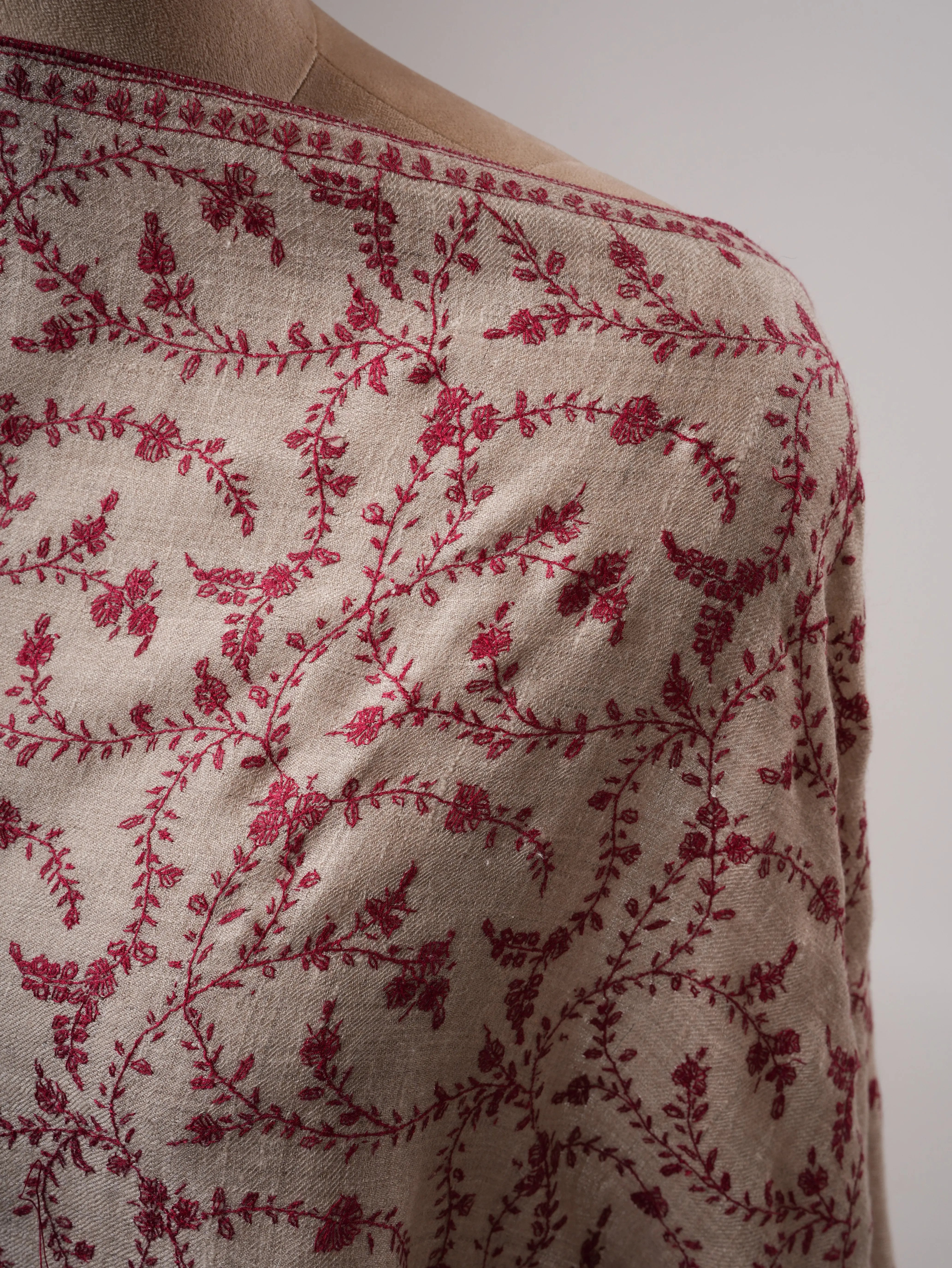 Hand Embroidered Natural Grey Cashmere Scarf with Jali Detailing Shahkaar