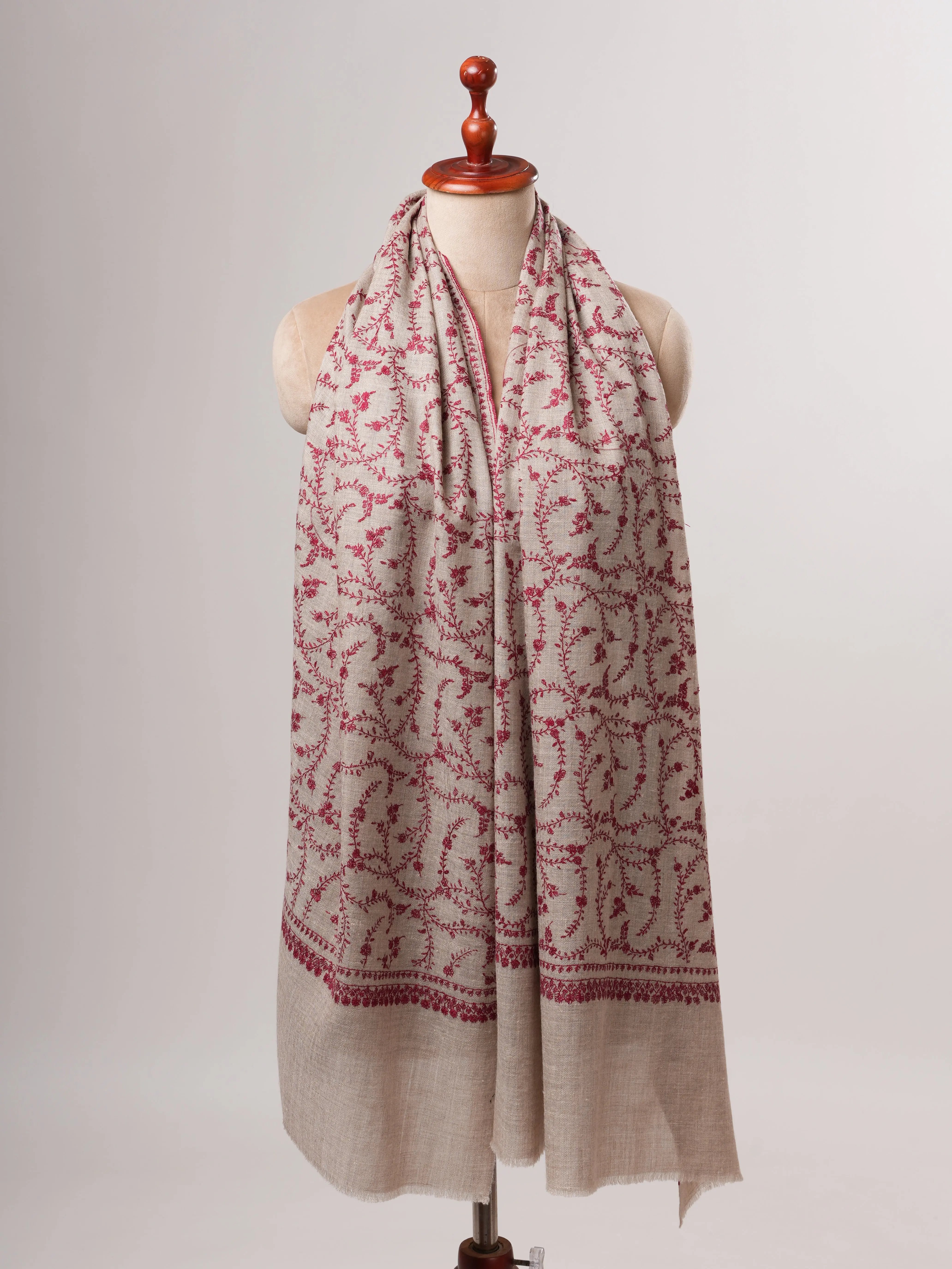 Hand Embroidered Natural Grey Cashmere Scarf with Jali Detailing Shahkaar