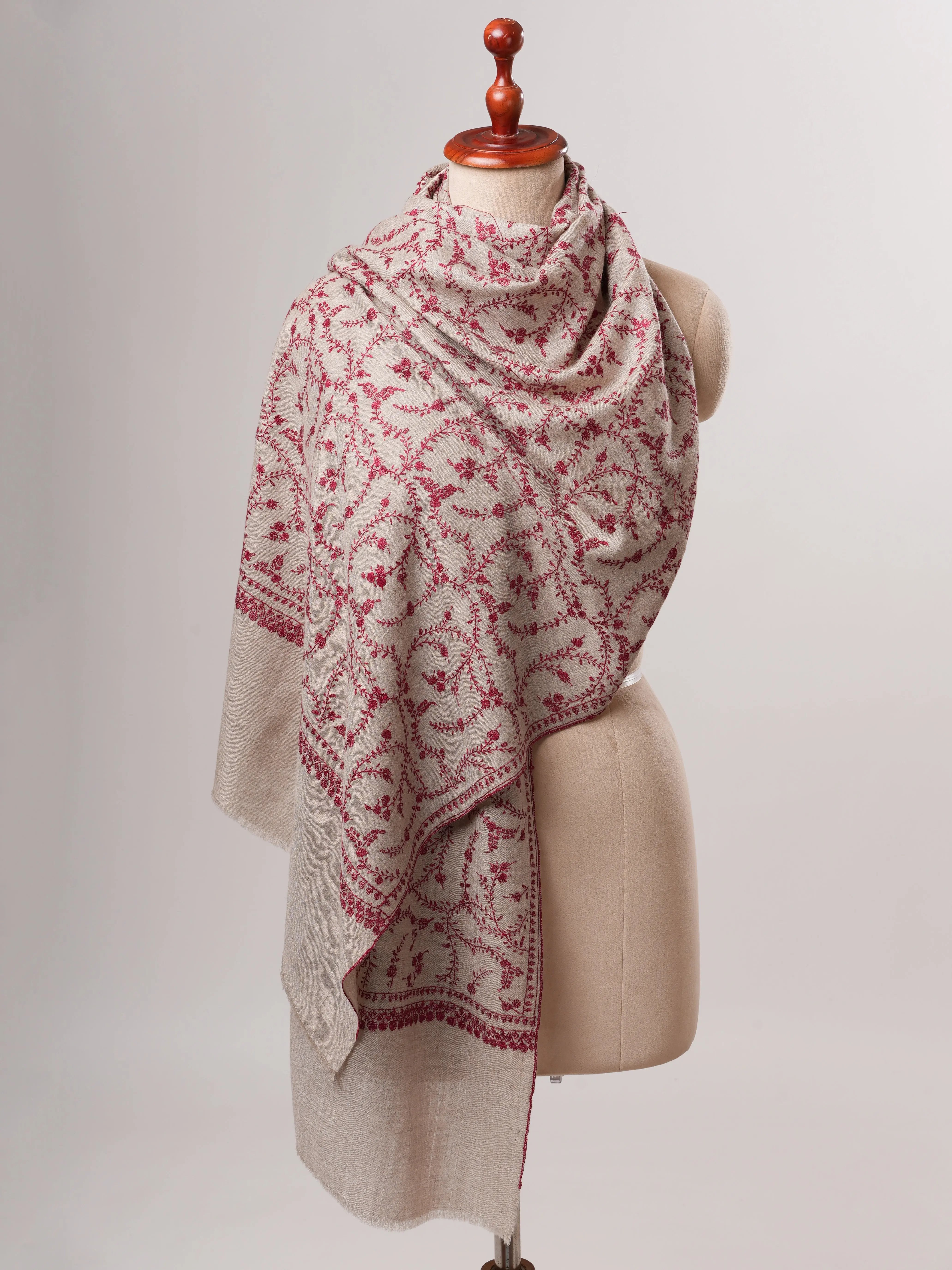 Hand Embroidered Natural Grey Cashmere Scarf with Jali Detailing Shahkaar