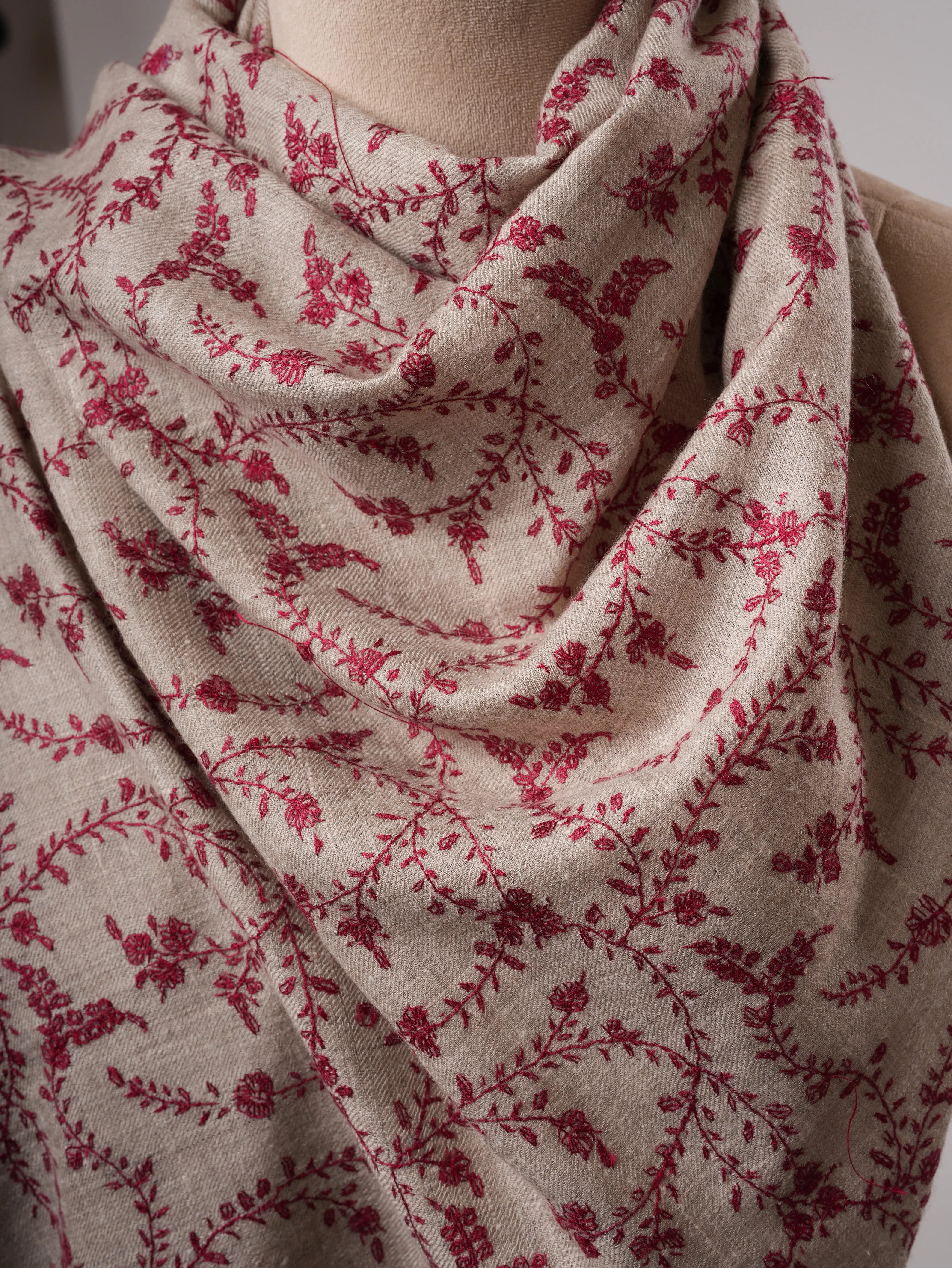 Hand Embroidered Natural Grey Cashmere Scarf with Jali Detailing Shahkaar