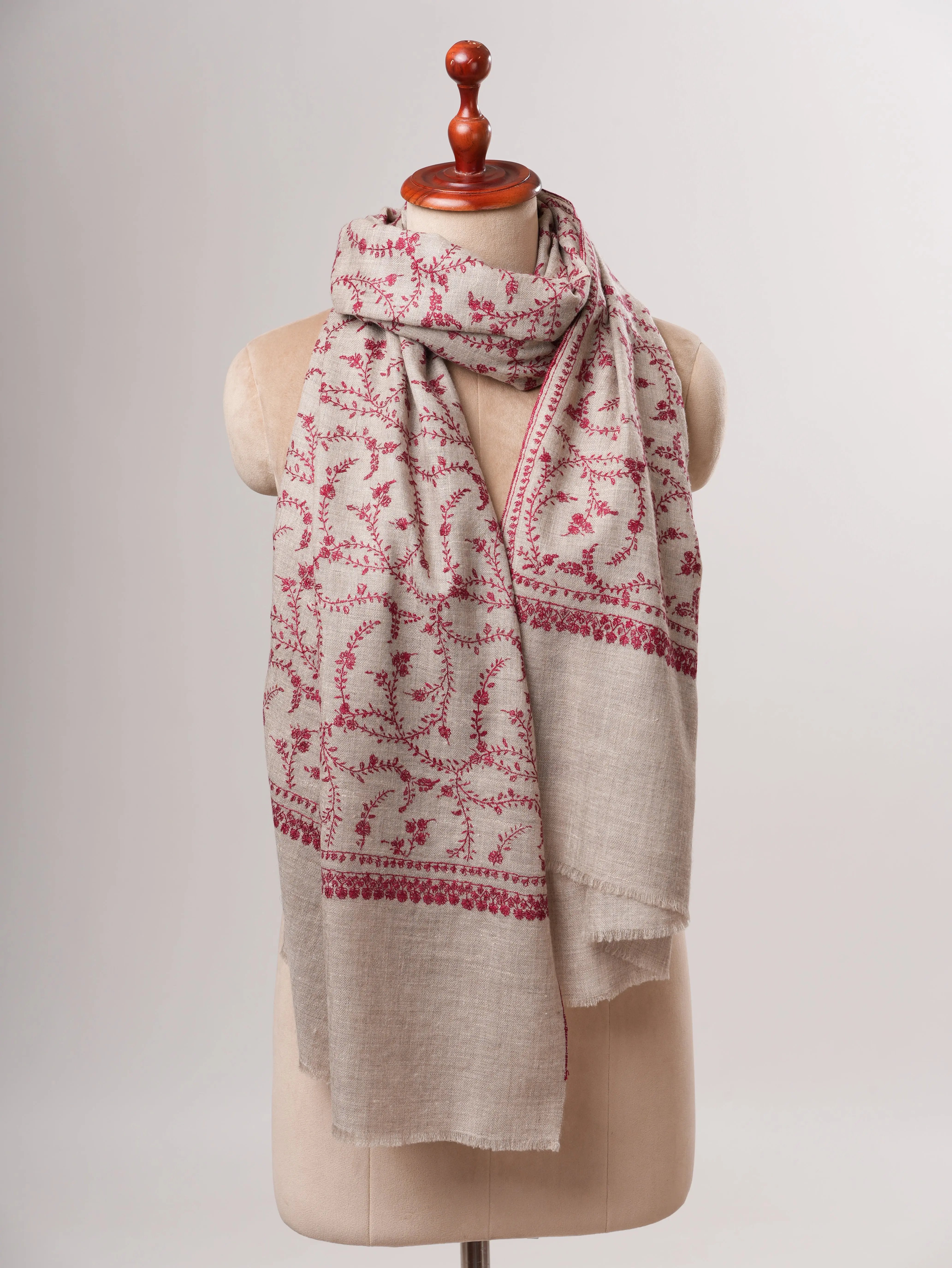 Hand Embroidered Natural Grey Cashmere Scarf with Jali Detailing Shahkaar